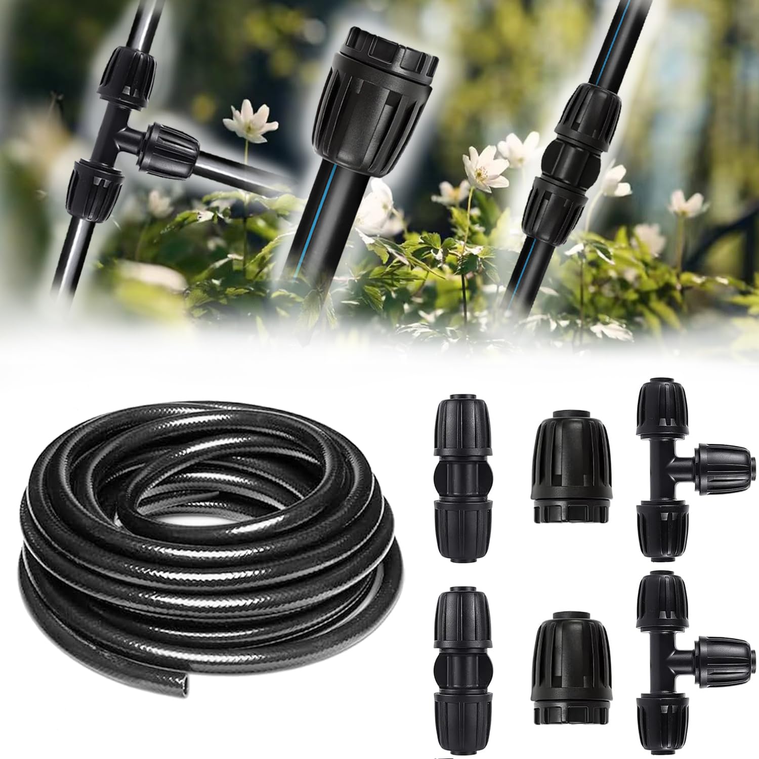 Manguera de goteo de 12 m, sistema de riego de jardín, manguera principal para sistemas de riego de jardín y componentes de riego, conector recto de 1/2 pulgada, tapa de extremo de conector de 3 vías