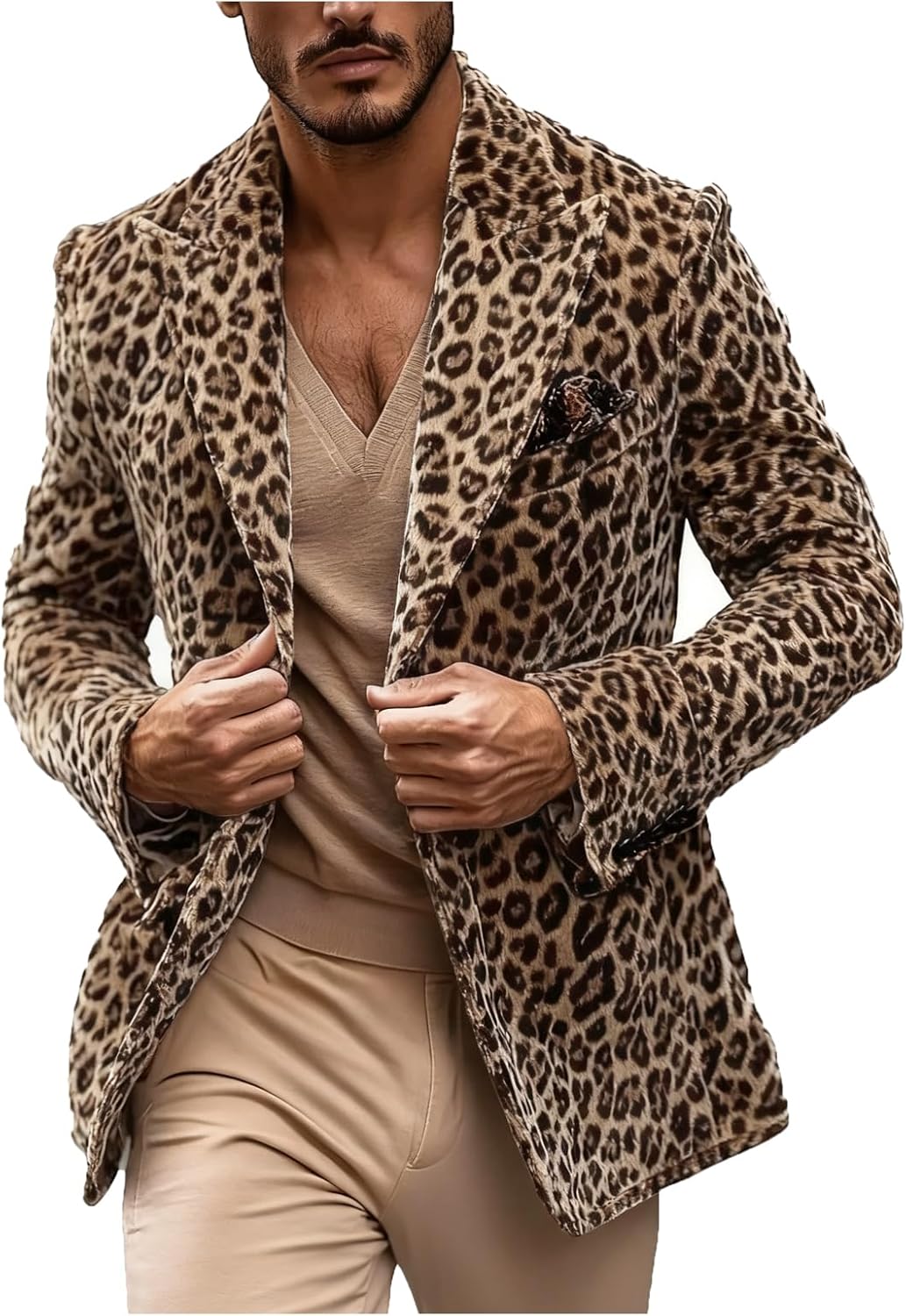 VENNYNG Men's Leopard Fuzzy Jacket with Black Velvet Collar Plush Texture Contrast Coat for Luxury Casual Holiday Parties