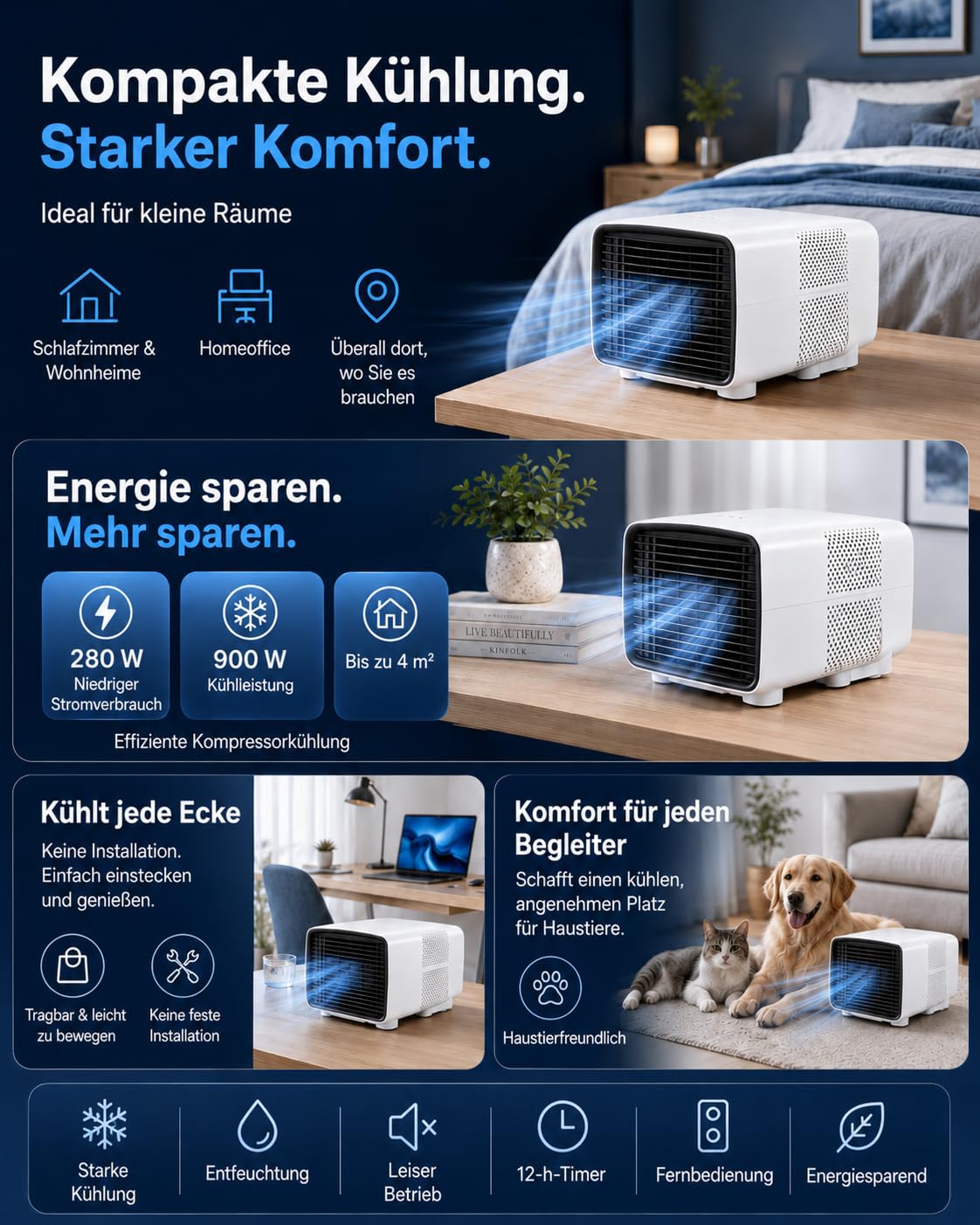 Tragbare Klimaanlage, 2700 BTU, 3-in-1, für Haus und Wohnwagen | Kühlen, Entfeuchten und Lüften von Haus und Wohnwagen; Nachtmodus, Fernbedienung, Timer und Abgasrohr