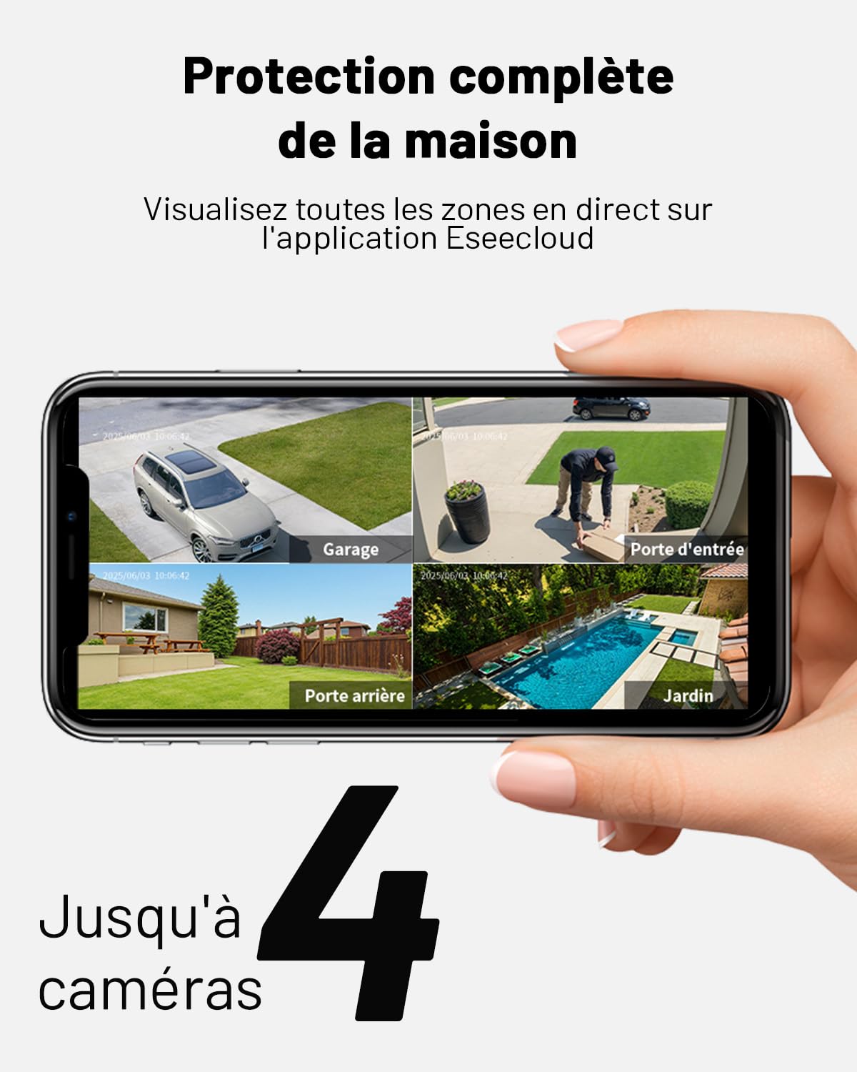2K Camera Surveillance WiFi Exterieure sans Fil Solaire à Batterie, 4 Cam-Kit avec Base, Zéro Frais, Stockage Local 32Go, 360° Panoramique, Alerte, Vision Nocturne en Couleur, 2,4/5Ghz WiFi
