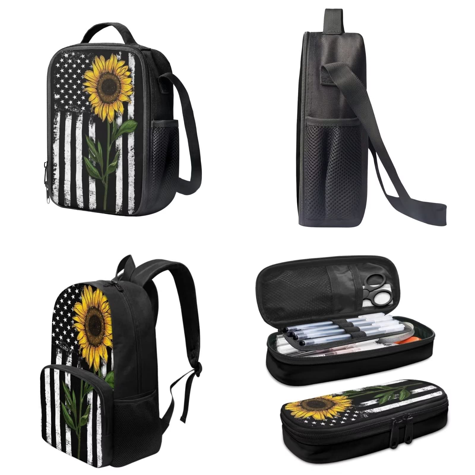POLERO Mochila escolar de caballos para niños, juego de bolsas de almuerzo, estuche para lápices, 3 piezas, bolsas escolares, Bandera de Estados Unidos Girasol, Talla única, Mochila infantil