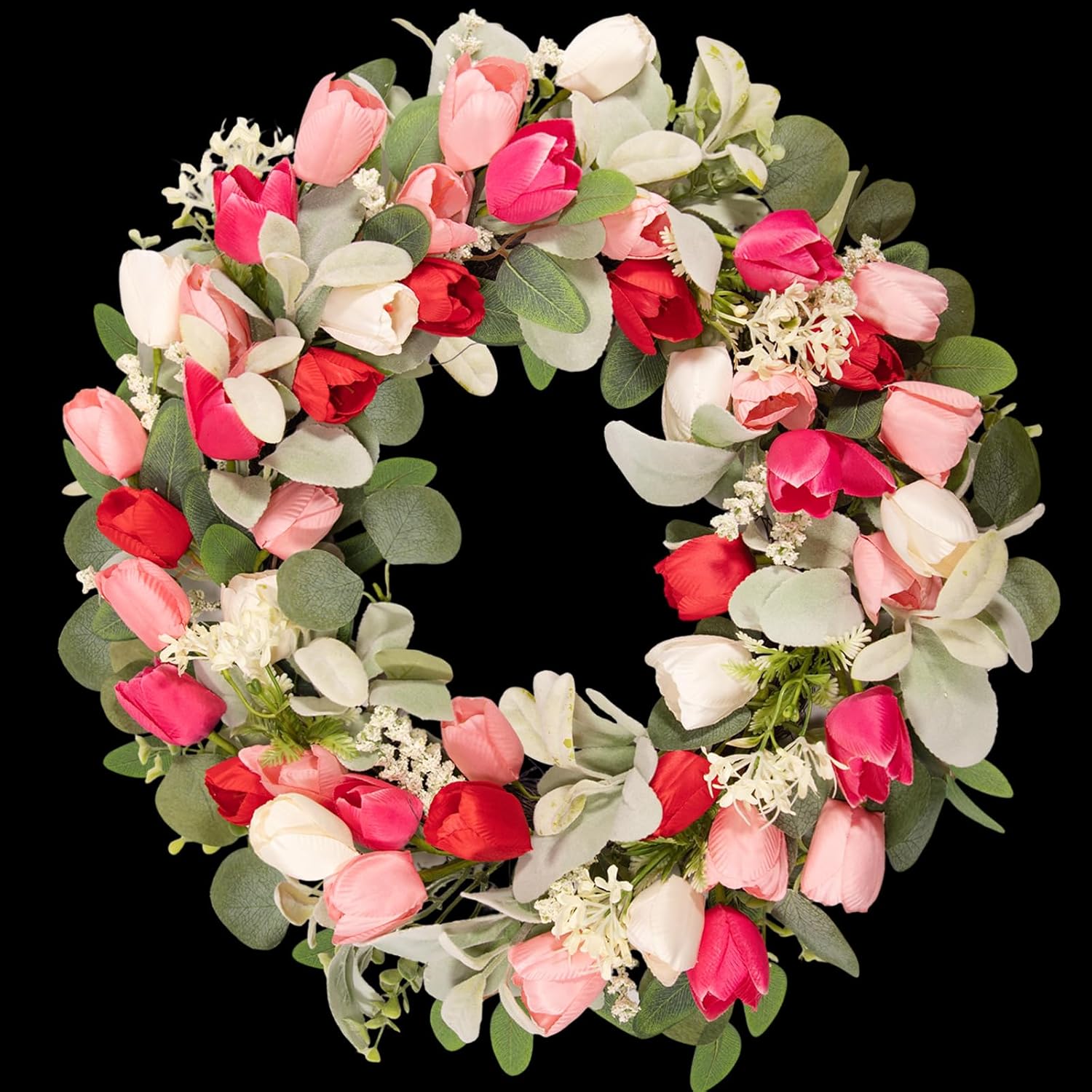 22 Inch Valentine‘s Day Wreath - Tulip Wreath for Front Door, Artificial Tulip Flower Wreaths with Green Leaves, Spring Summer Holiday Front Door Decor, Welcome Wall Hanging