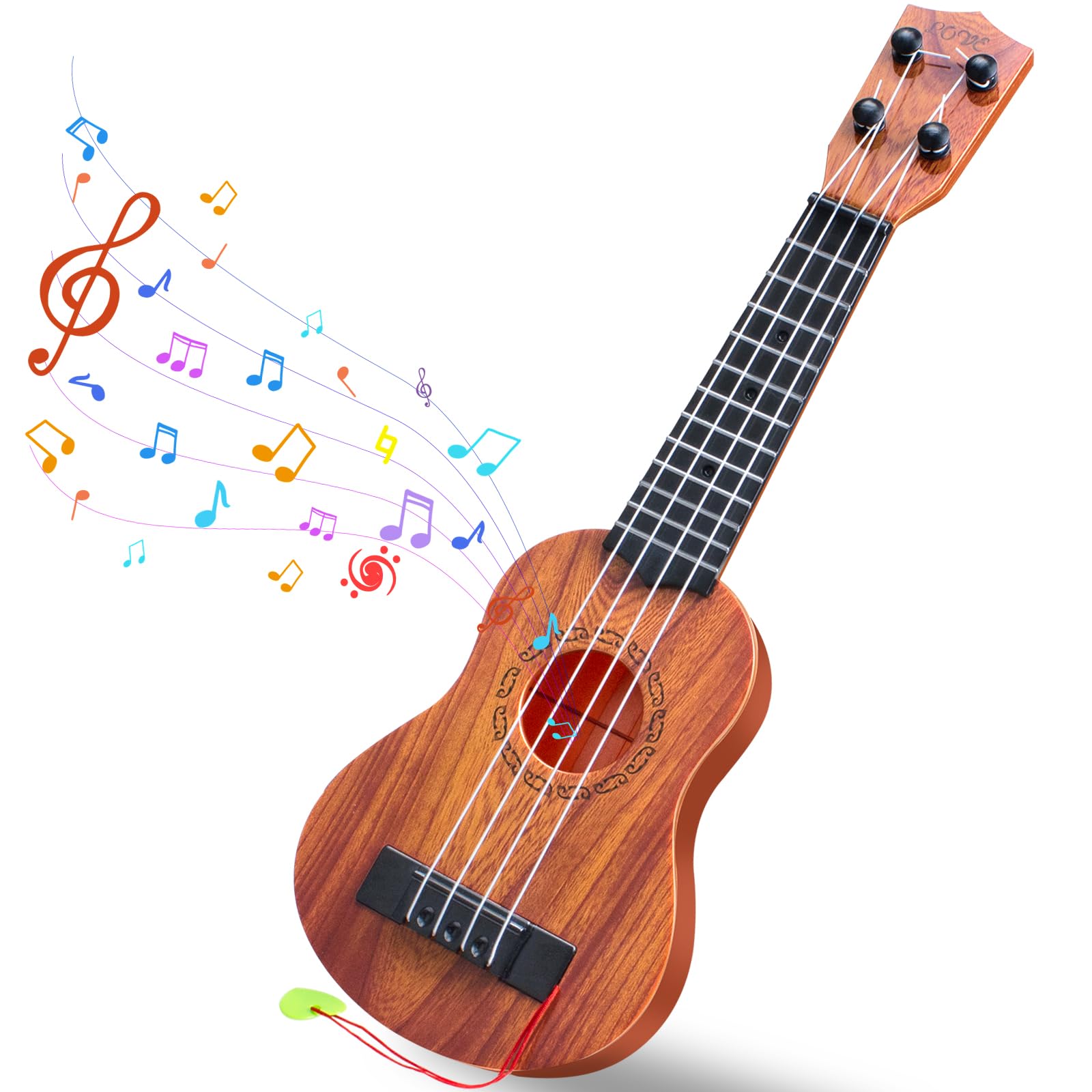 Kids Guitar Toys, 17inch Brown Ukulele, 4-String Musical Instrument with Pick, Toddler Toys for 3 4 5 Year Old Boys Girls Gift