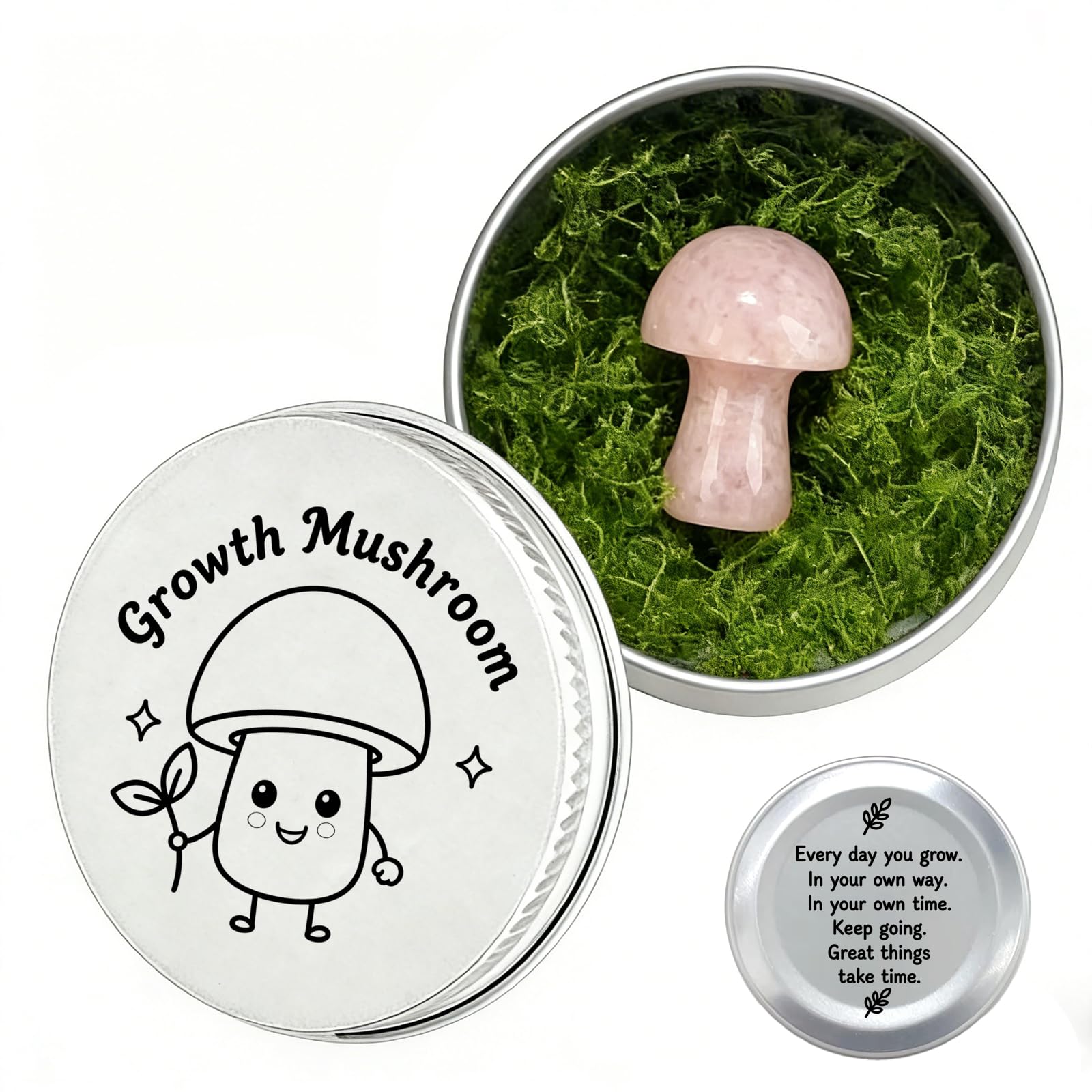 Zenthraa Women's Pink Rose Quartz Crystal Mushroom In Tin Box – Positive Mushroom, Emotional Support Mushroom Trinket, Healing Crystal Gifts For Pocket Spiritual Gift Set With Encouraging Affirmation Message (Pink)