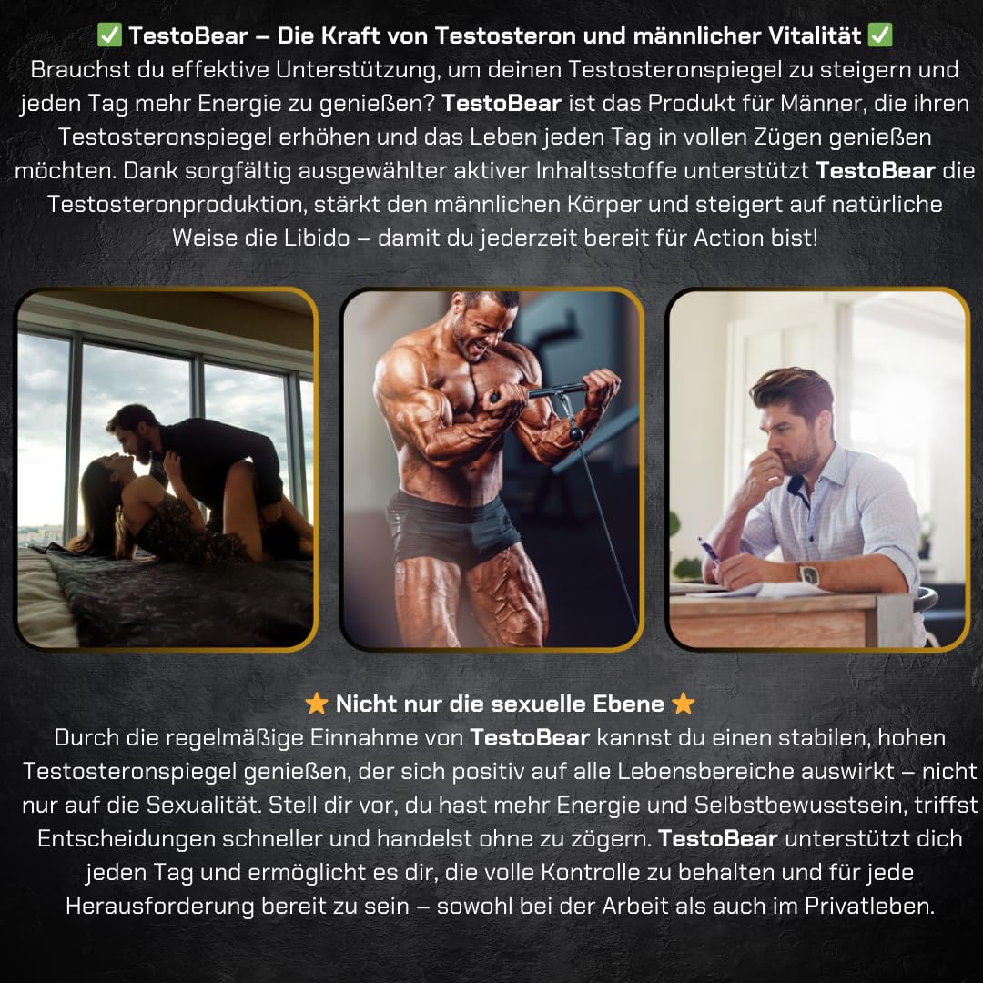 Testosteron Booster für Männer - TestoBear 90 vegane Kapseln | Erhöht Testosteron, Libido, Kraft, Muskelmasse und stärkt die Erektion | Umweltfreundlich – Glasflasche mit Metallve
