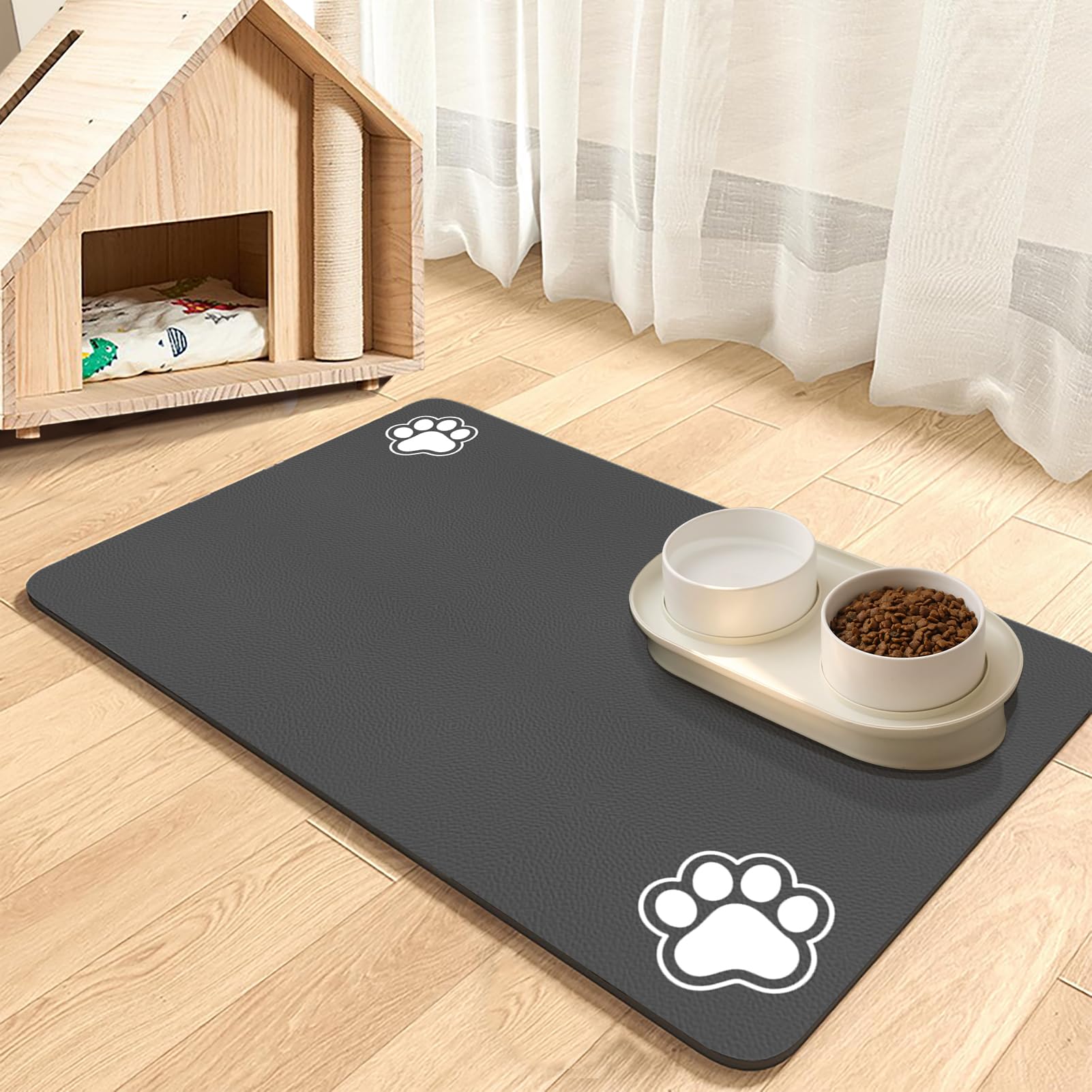 Pet Feeding Mat-Absorbent Pet Placemat for Food and Water Bowl, No Stains Quick Dry Dog Cat Food bowl Mat with Waterproof Rubber Rubber Backing (Dark Grey-2 Paws, 40 x 60 cm) — image 1