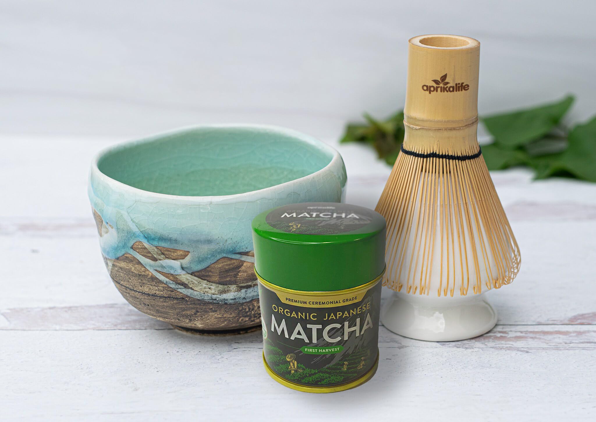 Light Blue Black Ceramic Matcha Set - Japanese Matcha Bowl, Ceremonial Matcha 30g, Bamboo Matcha Whisk and Whisk Holder - Handcrafted Matcha Cup, 100 Prongs Chasen by Aprika Life