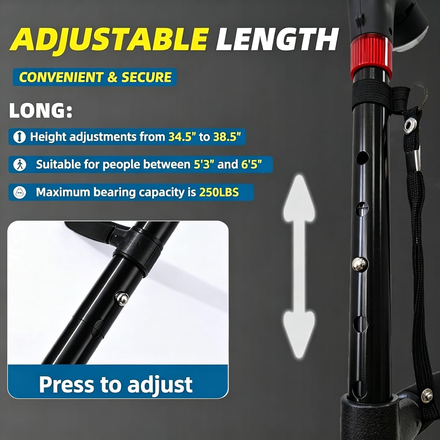Walking Cane for Men & Women, 3-in-1 Folding Cane with Alarm and Light, Adjustable, Collapsible Walking Stick for Seniors Balance with a Second Handle