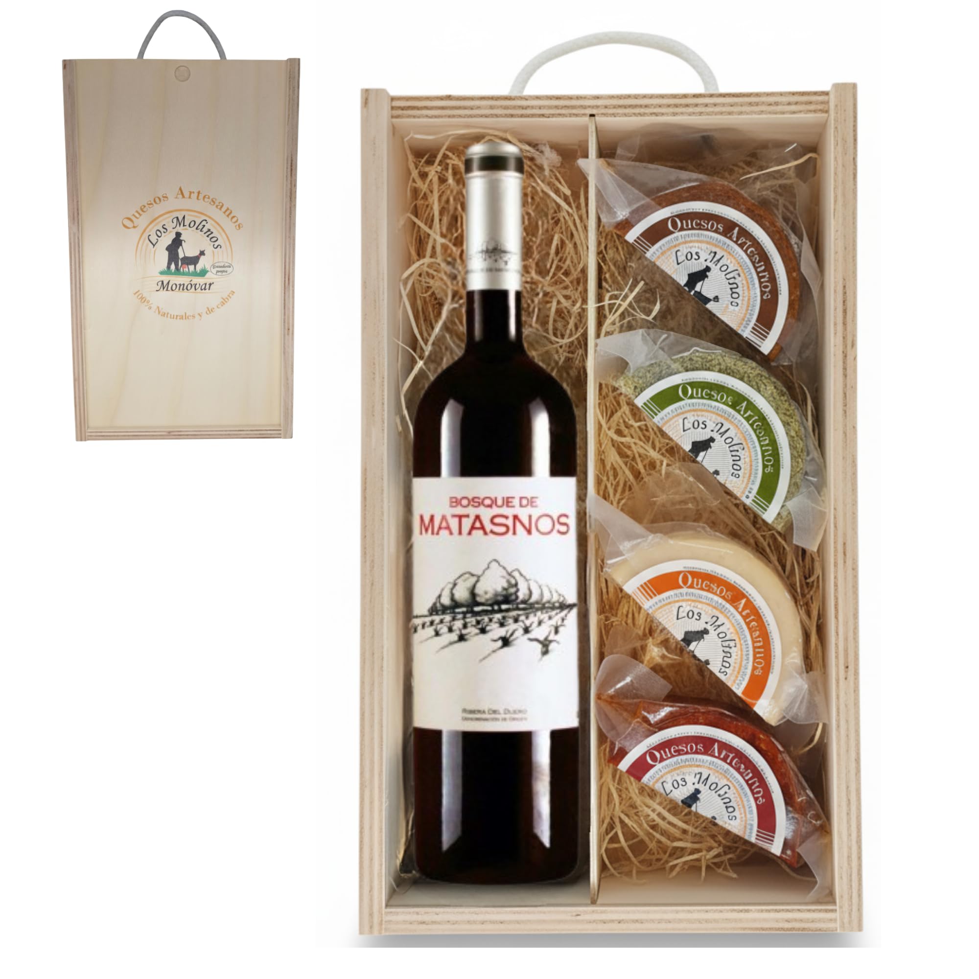 Estuche Gourmet 4 Quesos Artesanos de Leche Cabra con Botella Vino Tinto Matasnos | Caja de Madera | Queso Semicurado, Romero, Pimentón y Curado | Regalo Gastronómico | Ganadería Propia