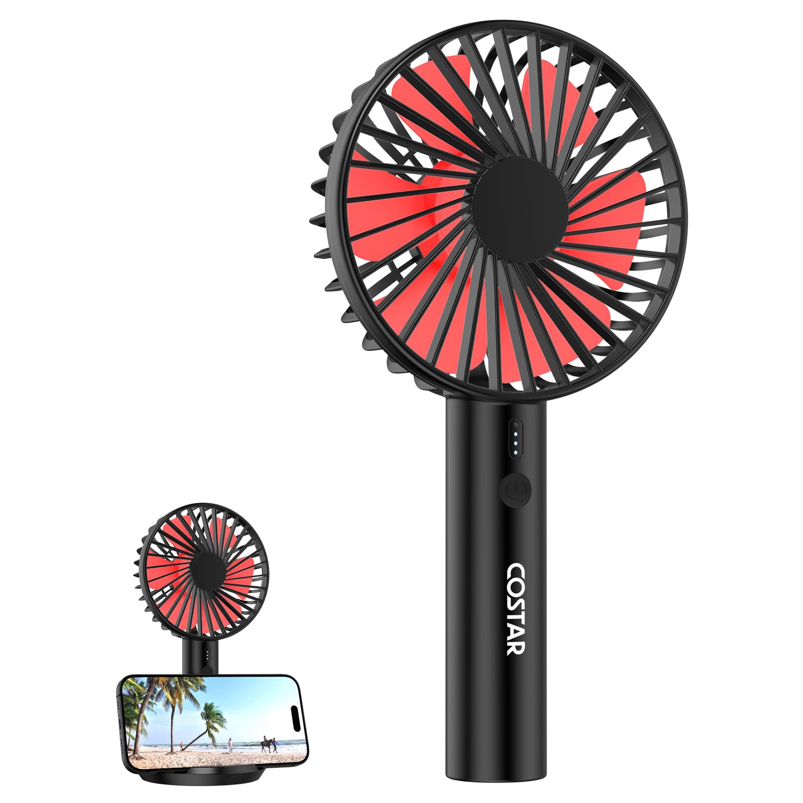 COSTAR Mini Portable Fan, Brushless Motor Hand Fan with Table Phone Holder Base, 3 Speeds Small Makeup Fan, 1200mAh USB Rechargeable Electric Fan for Summer and Travel Use by Women and Men (Black)