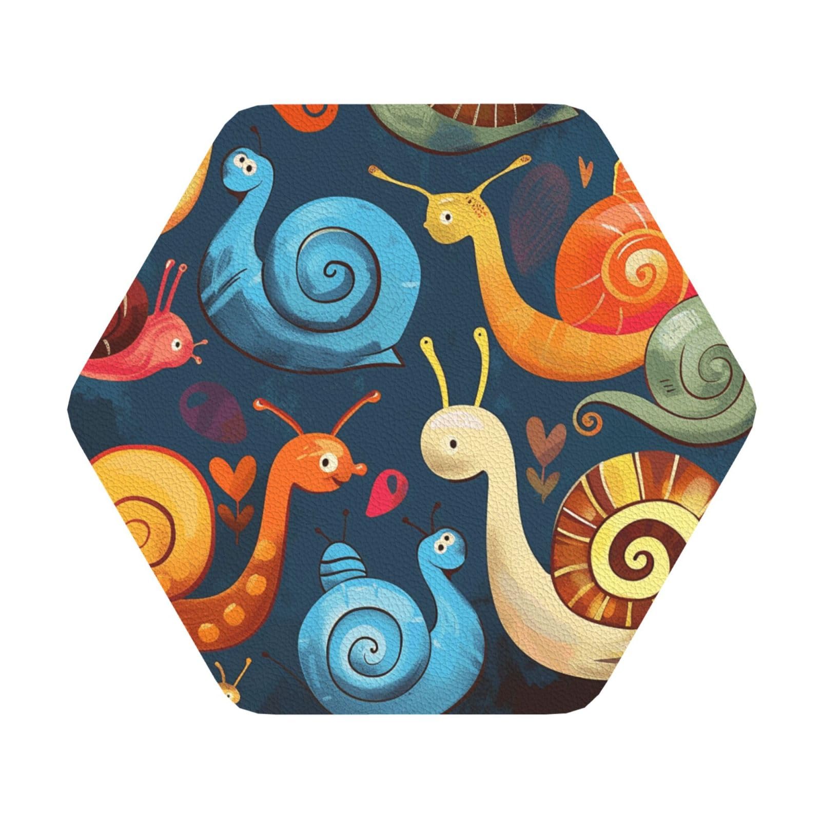 Cute Snail Printed Coasters for Drinks, Leather Coaster Sets of 4, Funny Coffee Cup Coaster, Absorbent Coaster for Home and Office Kitchen Bar Hexagon