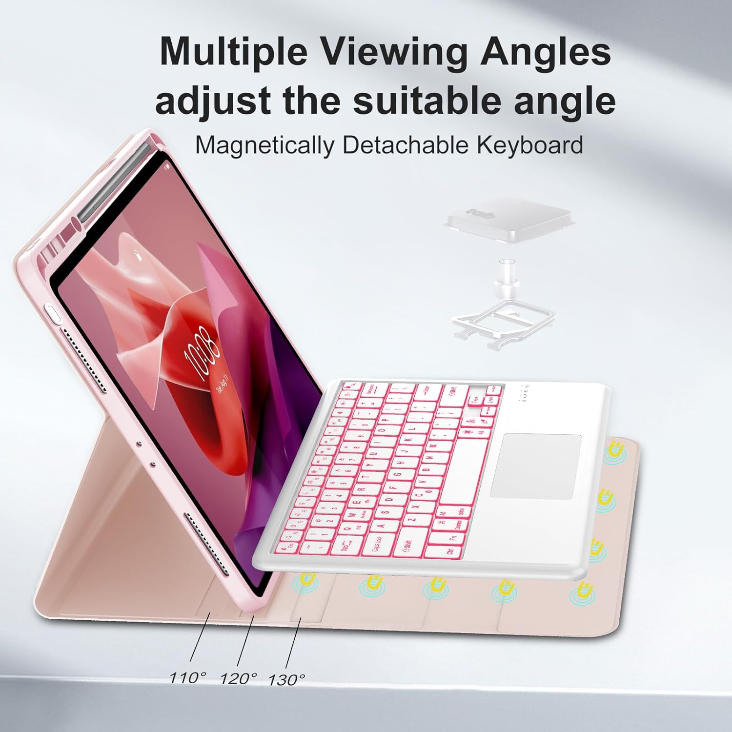 Touchpad Keyboard Case for Lenovo Idea Tab Pro 12.7 inch Tablet 2024/2025, 7 Colors Backlit, Detachable Bluetooth Wireless Trackpad Keyboard Slim PU Stand Cover with Pencil Holder, Pink