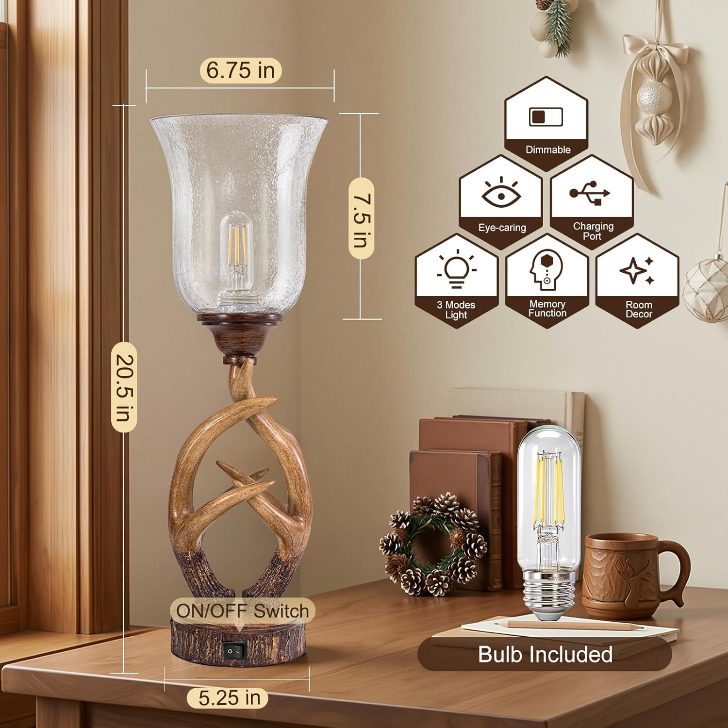 Scenekoy Antler Table Uplight Lamp Set of 2 for Living Room Bedroom, 20.5” Resin Memory Function Bedside Lamps with Glass Shade, Rustic Nightstand Lamp with USB Ports for Home Decor (Bulb Included)