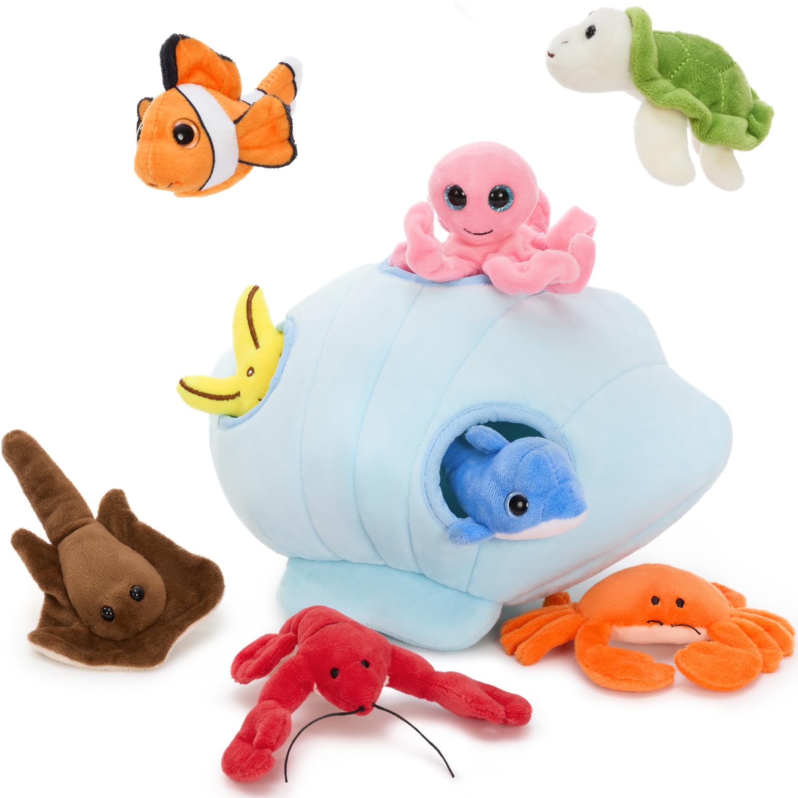 MorisMos Big 9pcs Ocean Sea Soft Toy, Cuddly Seashell House Plush Set, Giant Fluffly Shell Plush Toy Realistic Kawaii Gift for Kids Birthday Christmas Deco