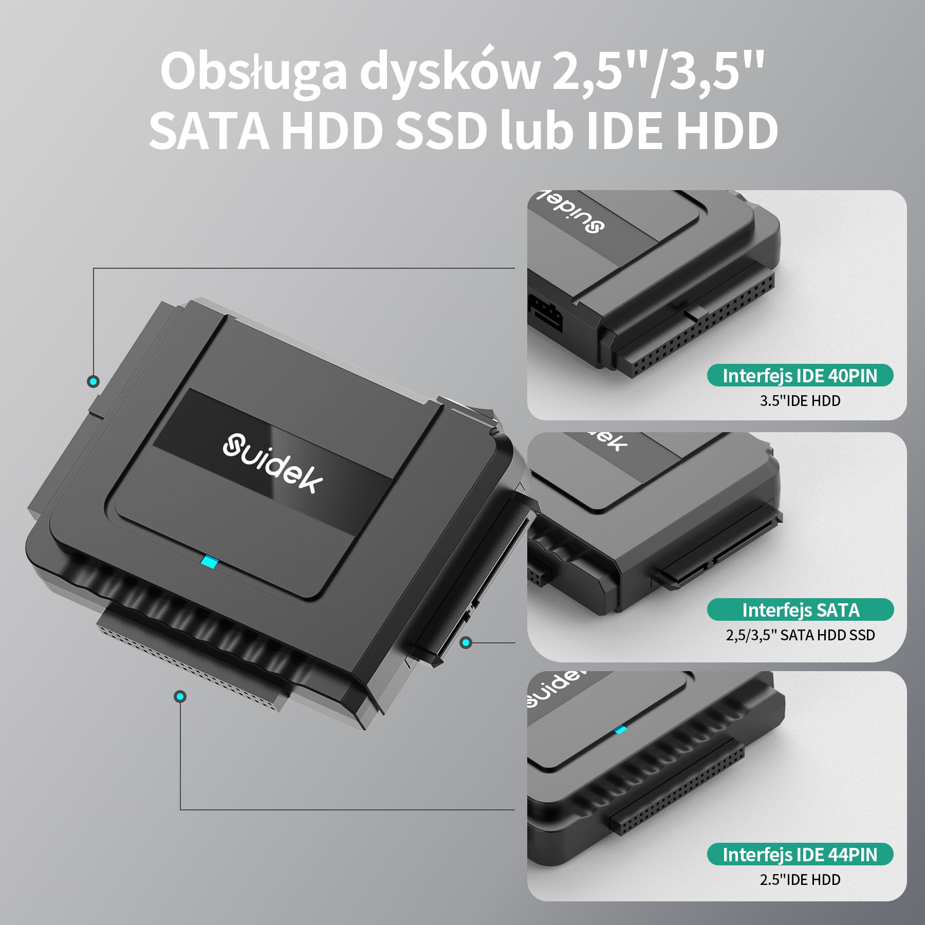 SUIDEK Konwerter USB 3.0 na SATA – zewnętrzny czytnik dysków twardych SATA na IDE dla dysków twardych HDD/SSD 2,5„/3,5”, adapter IDE na USB C kompatybilny z napędem optycznym