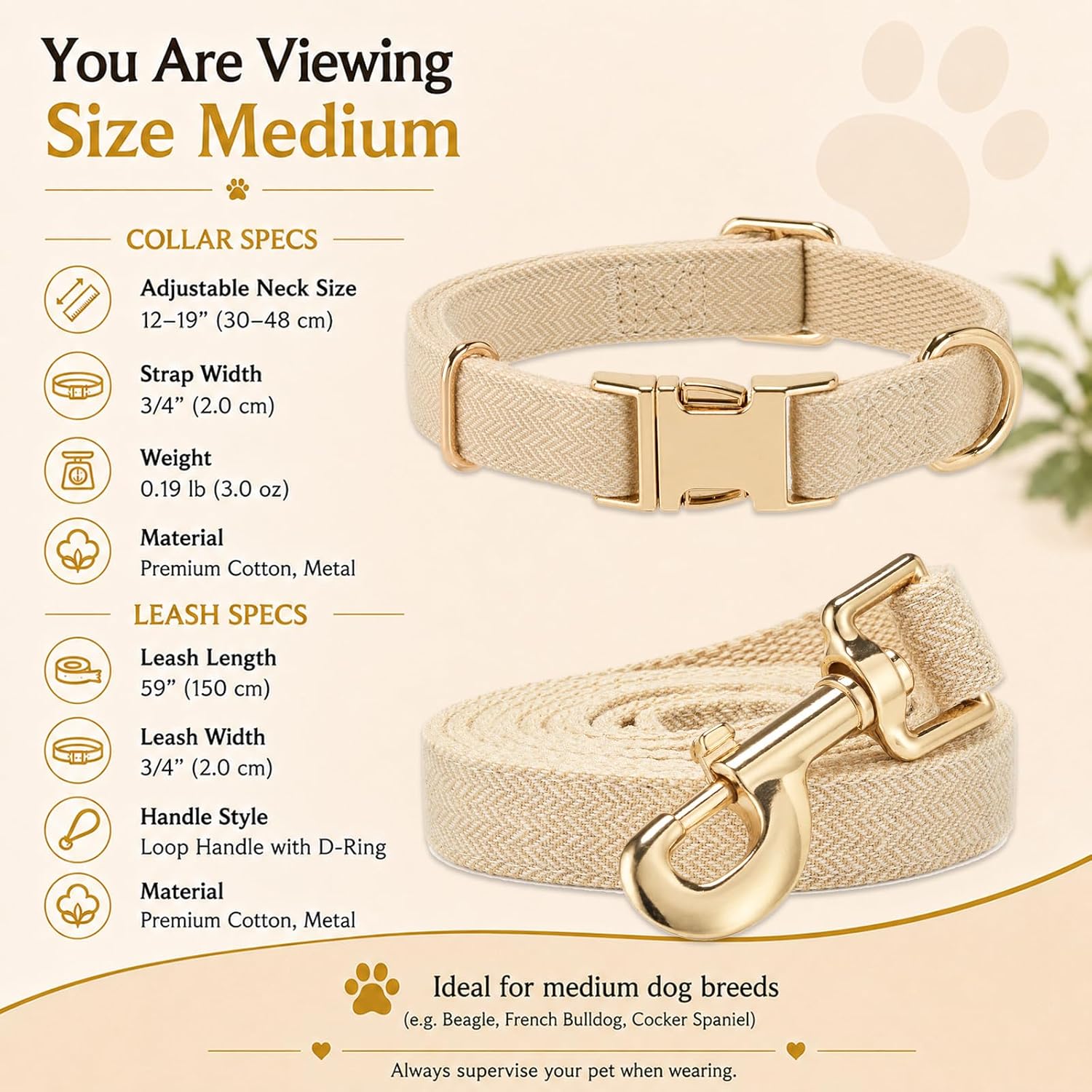 Herringbone Tweed Dog Collar and Leash Set for Medium Dogs,Light Beige image 2