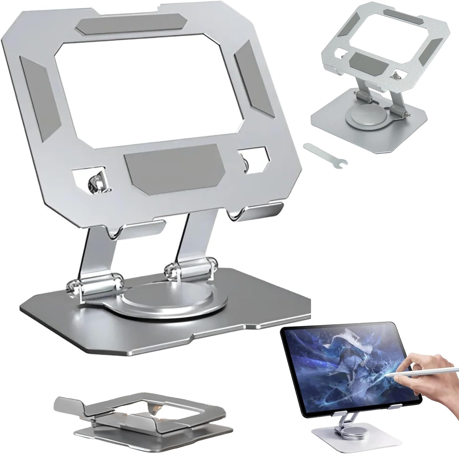 Suporte para Tablet e Celular • em Aço Carbono Resistente • MTS • Apoio para Mesa • Portátil Dobrável Articulado Rotativa 360º Design Moderno Ajustável • Antiderrapante Ampla Compatibilidade