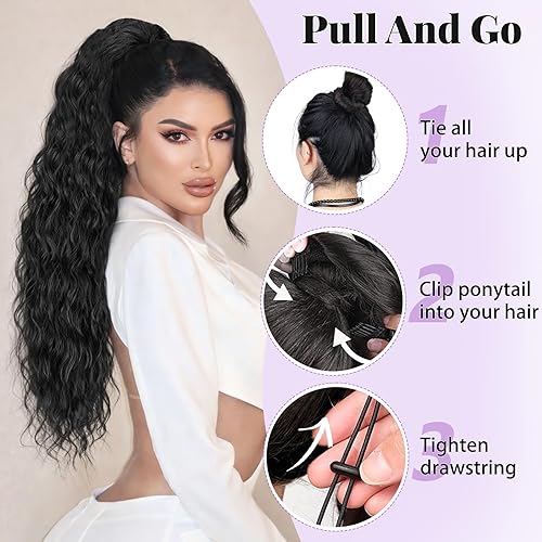 Miniatura 4 de Extensión de cola de caballo con cordón, extensión de cola de caballo larga y rizada para mujeres negras, extensiones de cabello negro de 26