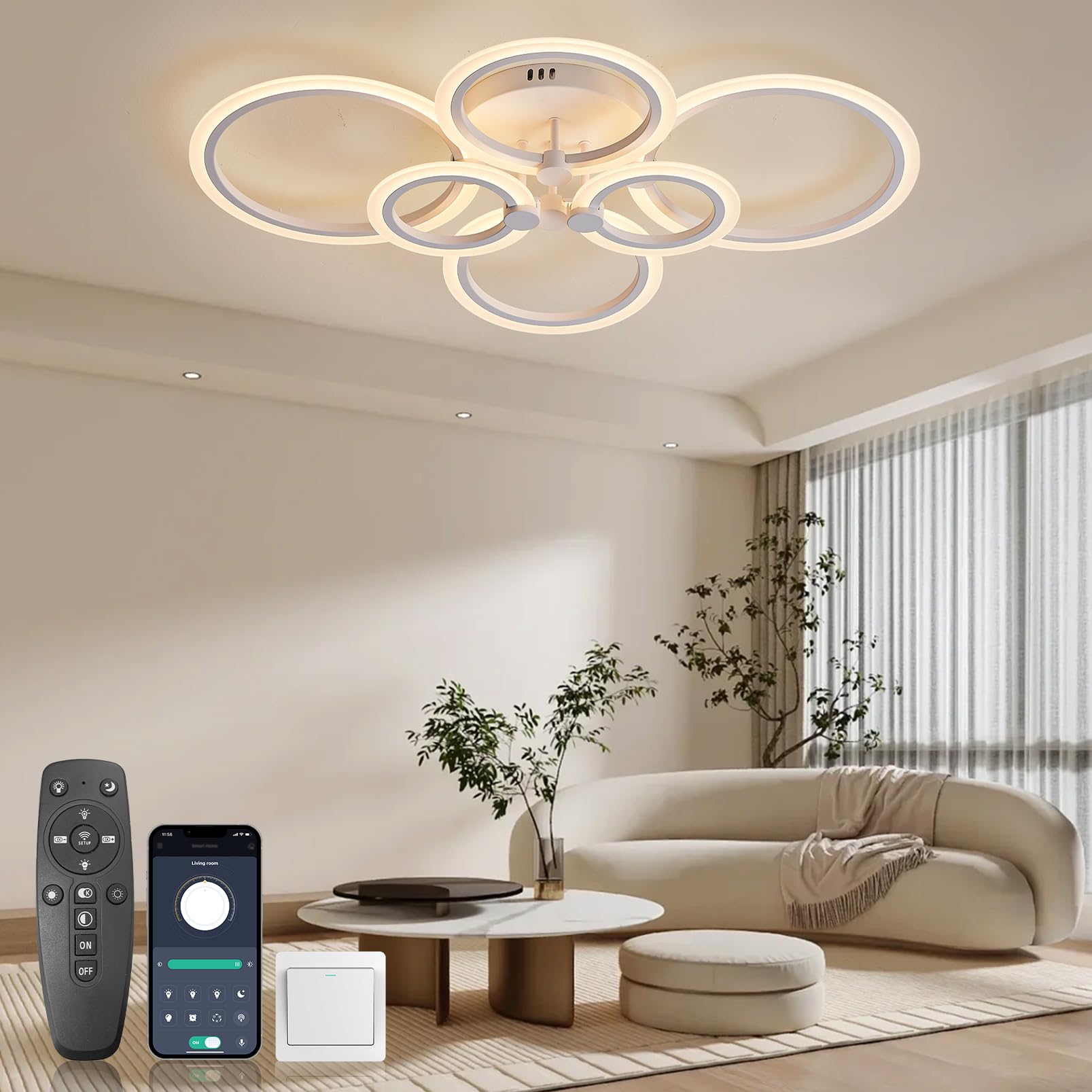 KSIBNW Lampara Techo LED Moderna Regulable, Plafon LED Techo 54W con Mando a Distancia & Control APP 6 Anillos Blanco Plafón Techo Dormitorio para Sala De Estar Comedor Pasillo, 2700K-6500K