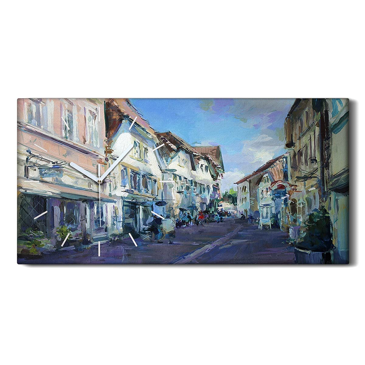Horloge sur toile city village pour salon silencieuse et design