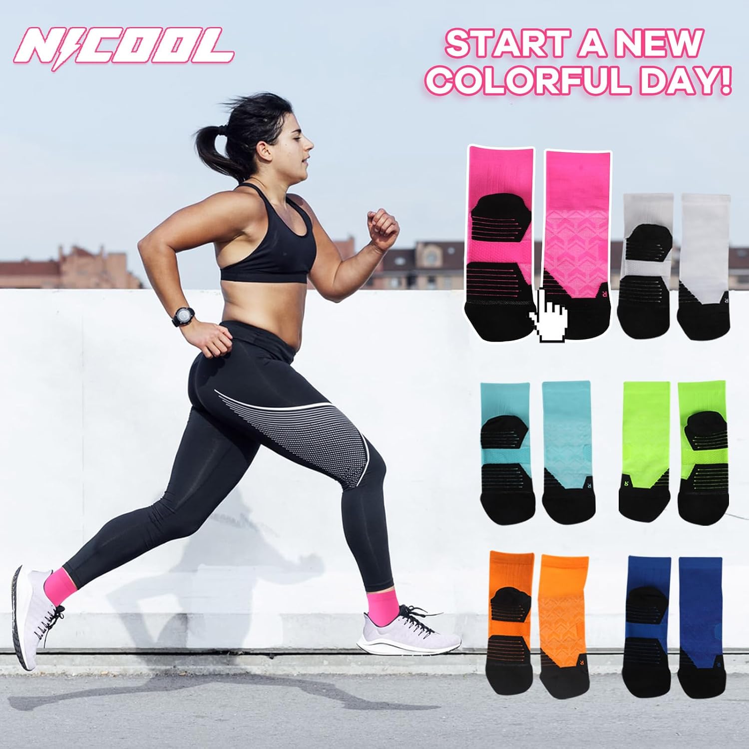 NIcool Cycling Socks For Men, 1/3 Pairs Bright Seamless Compression Running Crew Socks Youth Cushioned Tennis Quarter Socks - Image 2