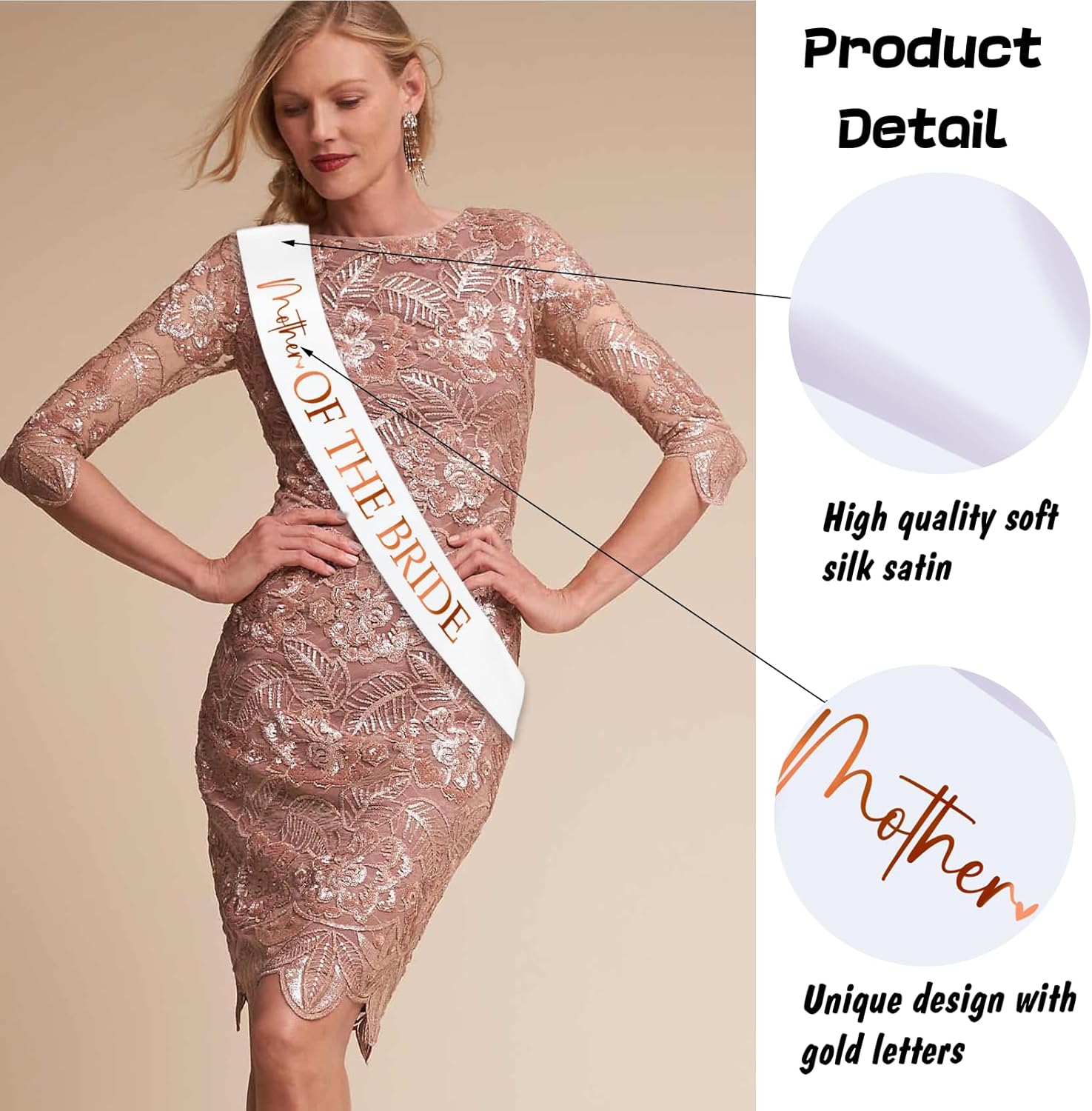 Generic Mother of The Bride Sash with Rose Gold Foil, White Bachelorette Party Sash for Bridal Shower Engagement Supplies Gifts Wedding Accessories for Bride to Be's Mother - Image 3