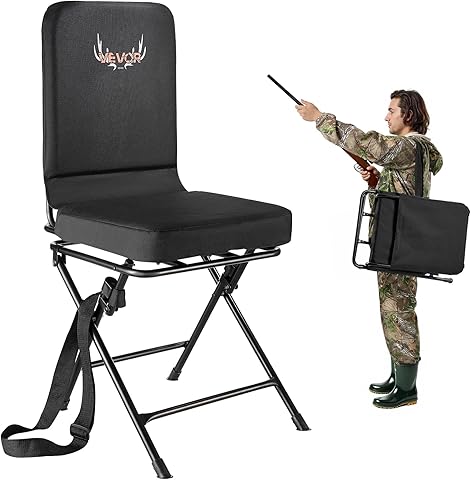 VEVOR Silla de Caza Giratoria Silenciosa de 360°, Plegable, Ligera y Portátil, con Estructura de Acero y Asiento Tipo Taburete, con Correa de Hombro Ajustable, Carga 136 kg, 400 x 500 x 910 mm