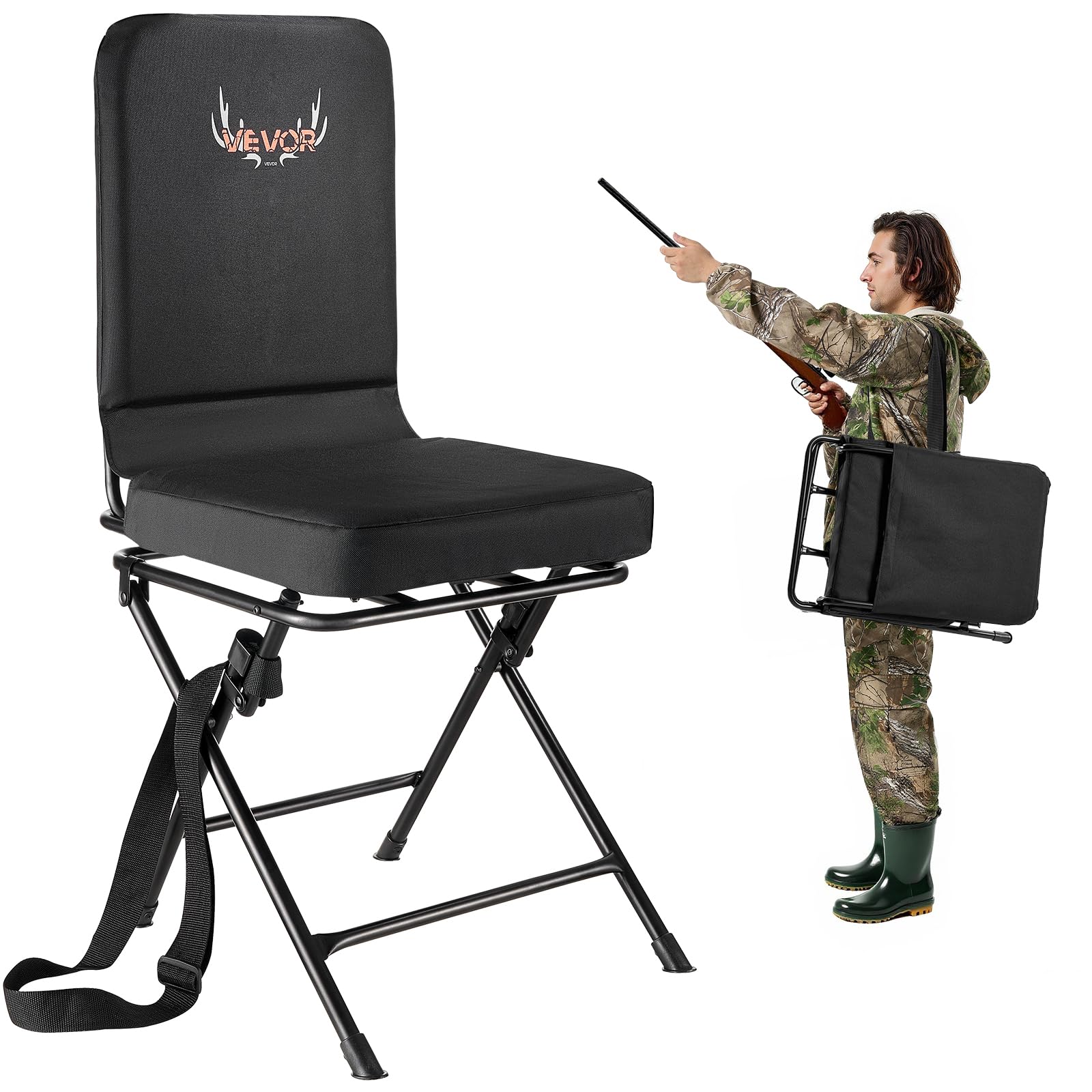 VEVOR Chaise de Chasse Pivotante à 360°, Siège de Chasse Pliable, Portable et Silencieux, Cadre en Acier Robuste avec Bandoulière Réglable, Capacité de Charge de 136 kg, pour Pêche et Camping
