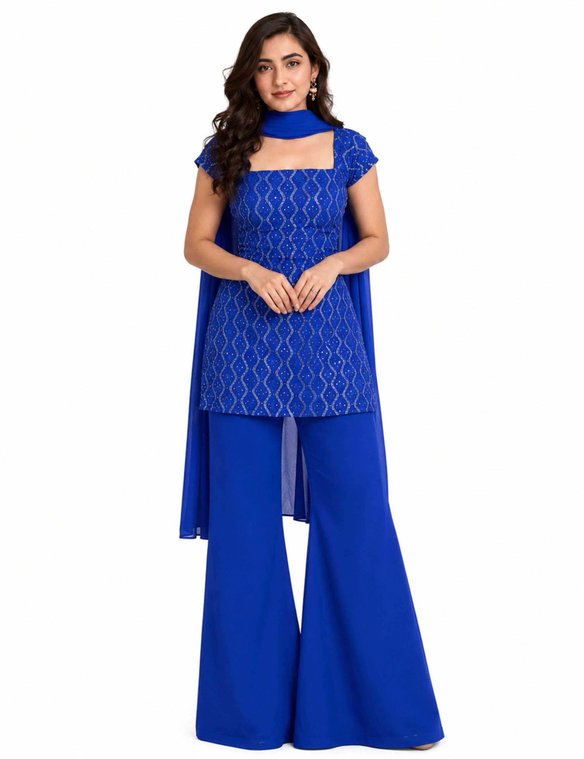 Women’s Floral Embroidered Short Kurti with Wide-Leg Palazzo Pants Set | Ethnic, Traditional Suit Set & Co-ord Outfit | Wedding & Party Outfit-image-48
