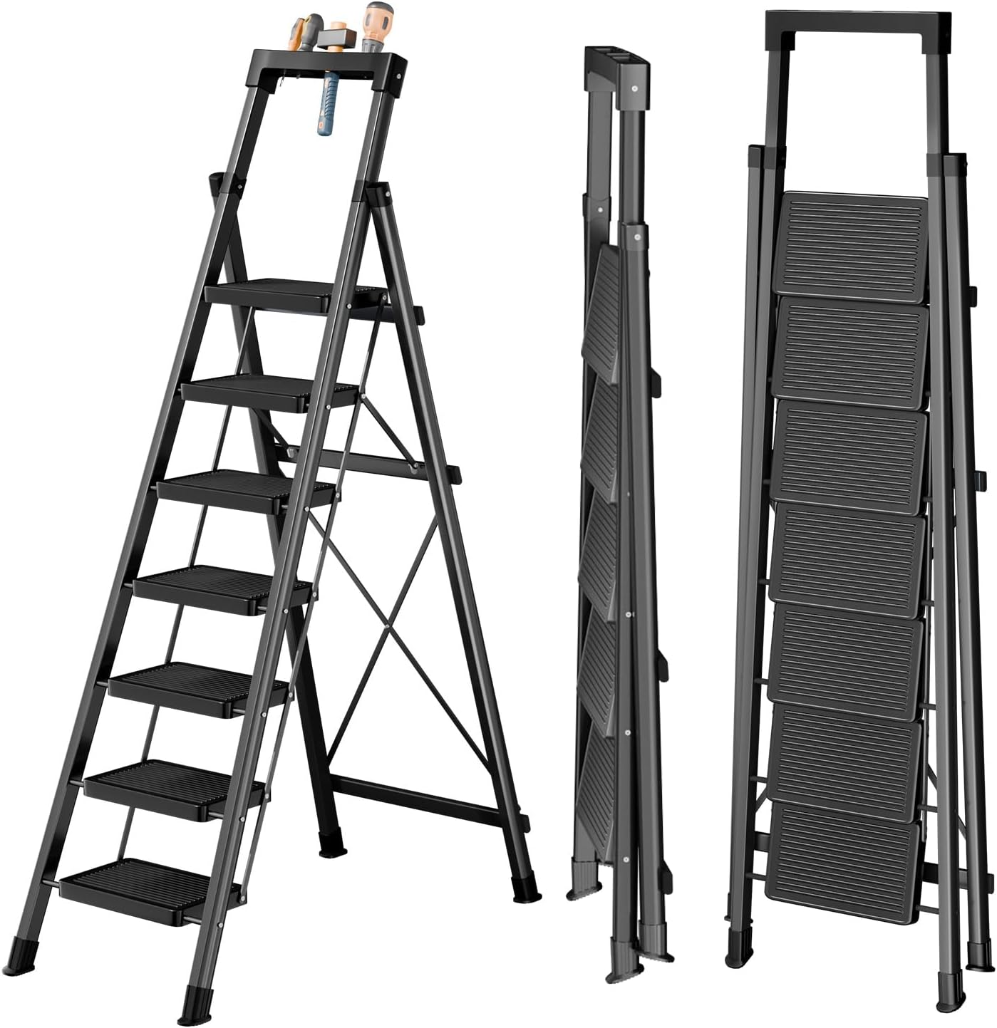 7 Step Ladder,Sturdy Foldable Step Ladder with Anti-Slip Wide Pedals,Workbench,Handrail,330lbs,Ladders for Home,Kitchen,Garage (Black, 7 Step Ladder) Black 7 Step Ladder