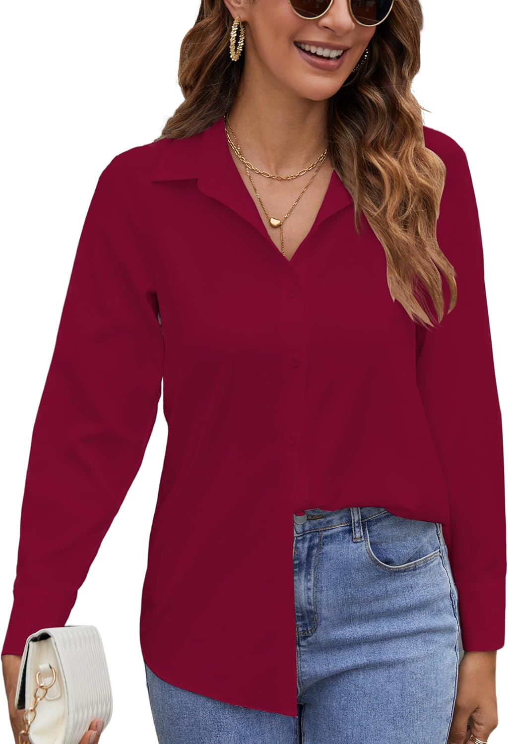 Women’s Button Down Shirts Long Sleeve Casual Collared Blouses Wrinkle-Free Work Office Chiffon Top