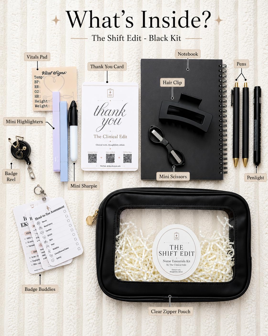 Nurse Essentials Kit for New Grad Nurses & Nursing Students, Nurse Graduation Gift Box - Notepad, Pens, Badge Reel, Penlight, Scissors, Sharpie, Reference Cards & Clear Pouch | The Shift Edit
