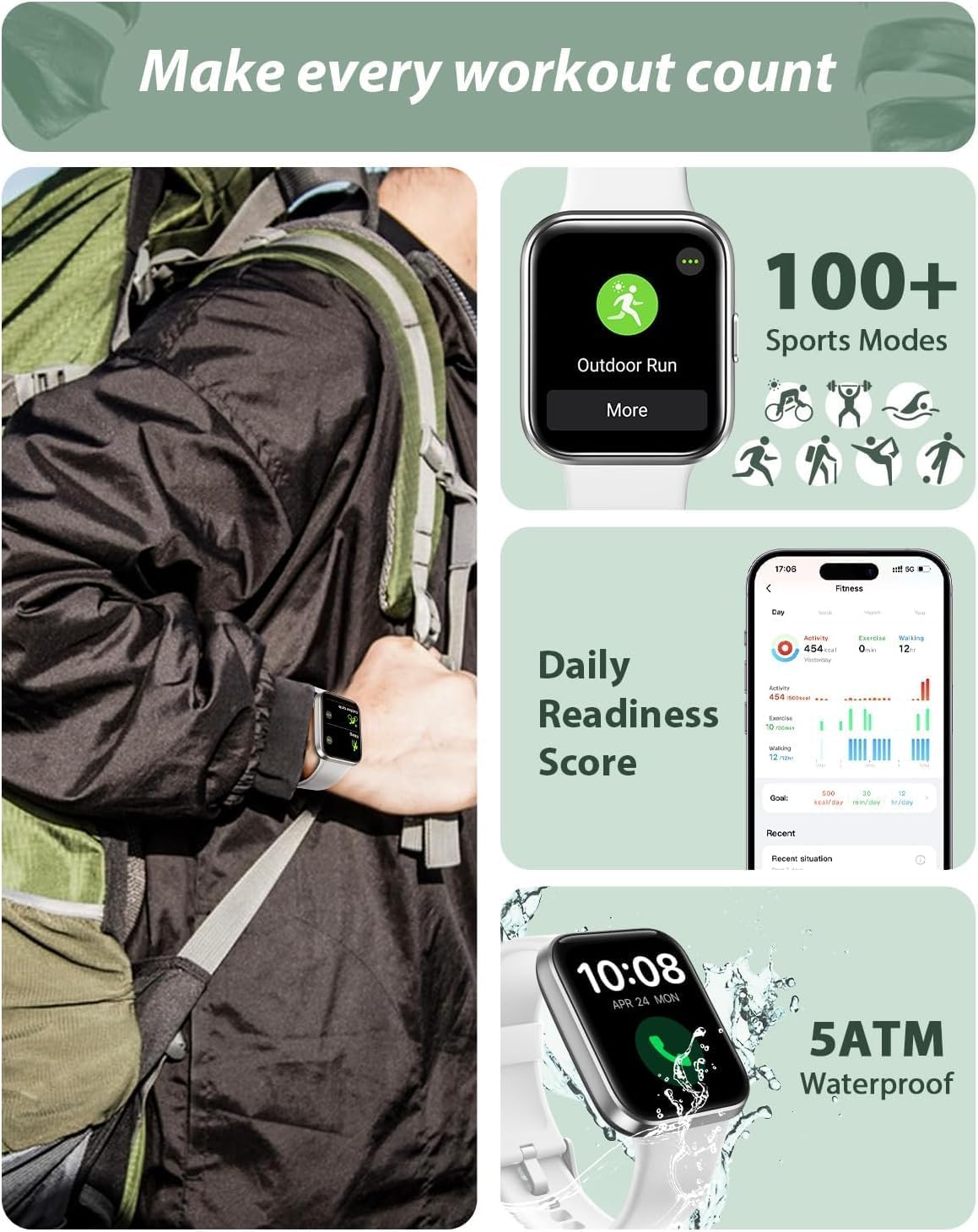 Condition photo showing New/Like New for smart watch for women android & iphone, alexa built-in, 1.8" touch screen fitness tracker with answer/make calls, ip68 waterproof heart rate/sleep/spo2 monitor, pedometer, 100+ sport modes, white light white 1.8