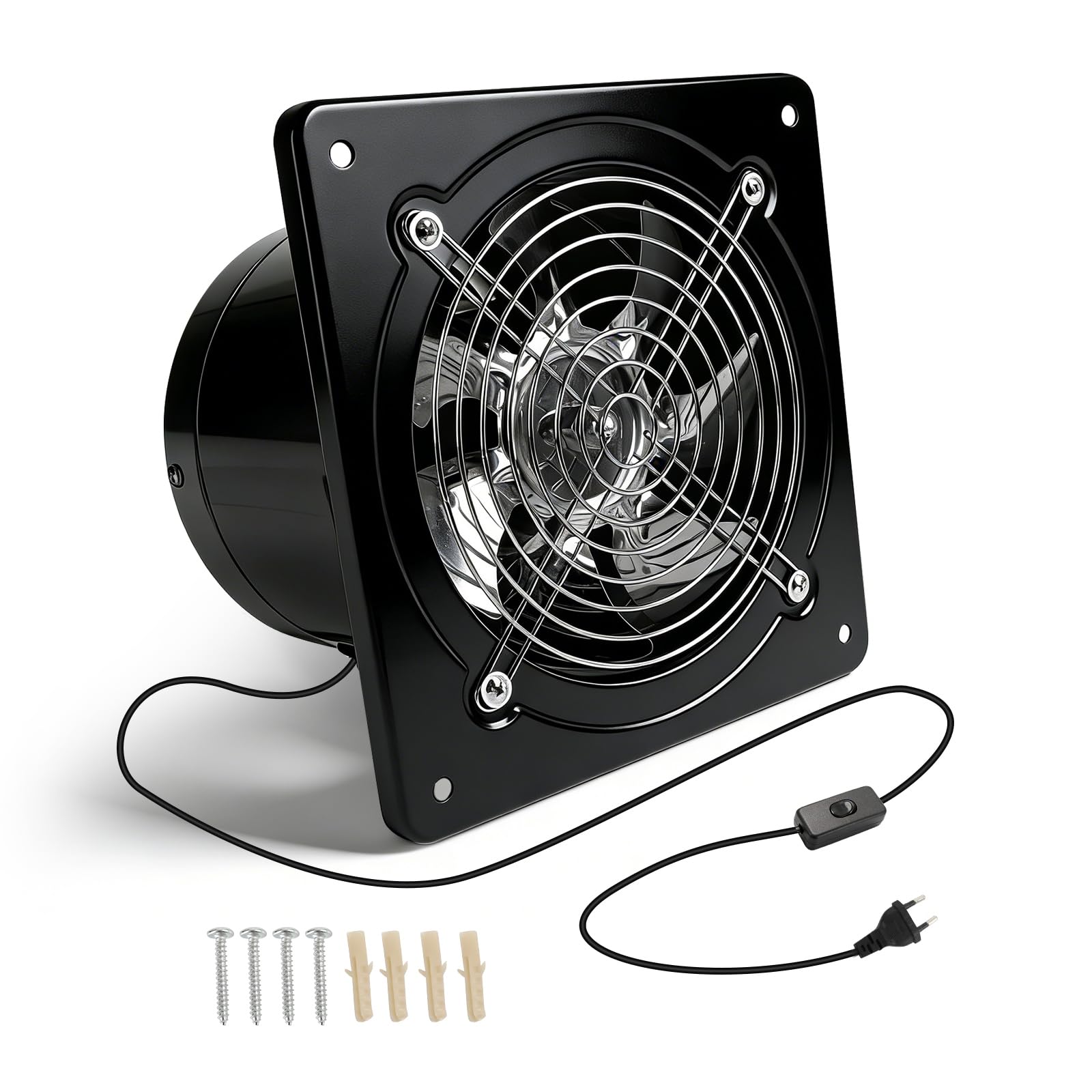 Ventilador extractor de 150 mm, 600 m³/h, silencioso, con interruptor, enchufe, válvula antirretorno, 40 W, ventilador de pared industrial, calidad de aire mejorada, para baño, cocina y garaje