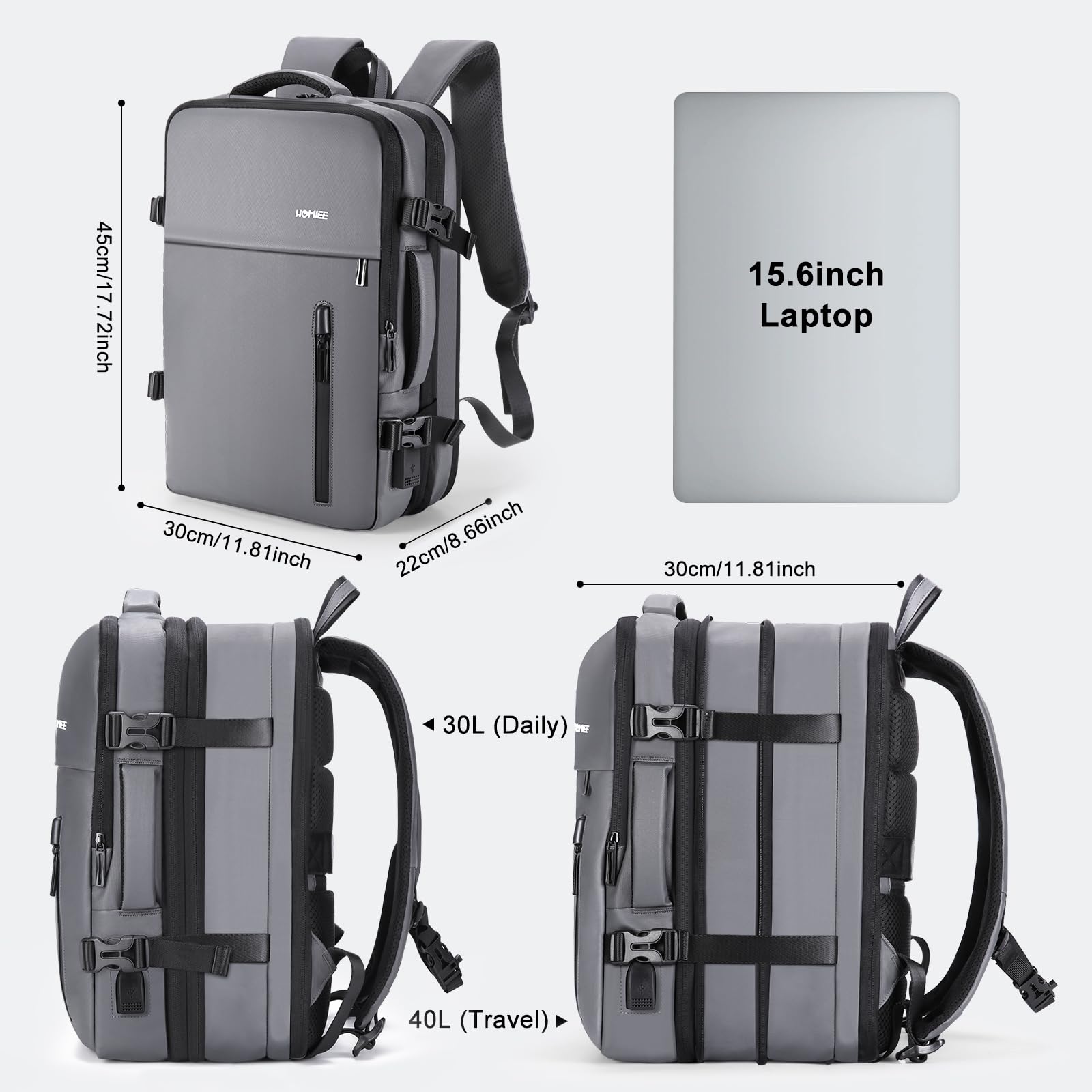 HOMIEE Sac à Dos Cabine 40L, Sac de Voyage Imperméable Expansible pour 15,6" Ordinateur Portable, Sac a Dos Cabine Avion Antivol avec Port de Charge USB, Sac à Dos Bagages de Voyage (Gris-foncé)