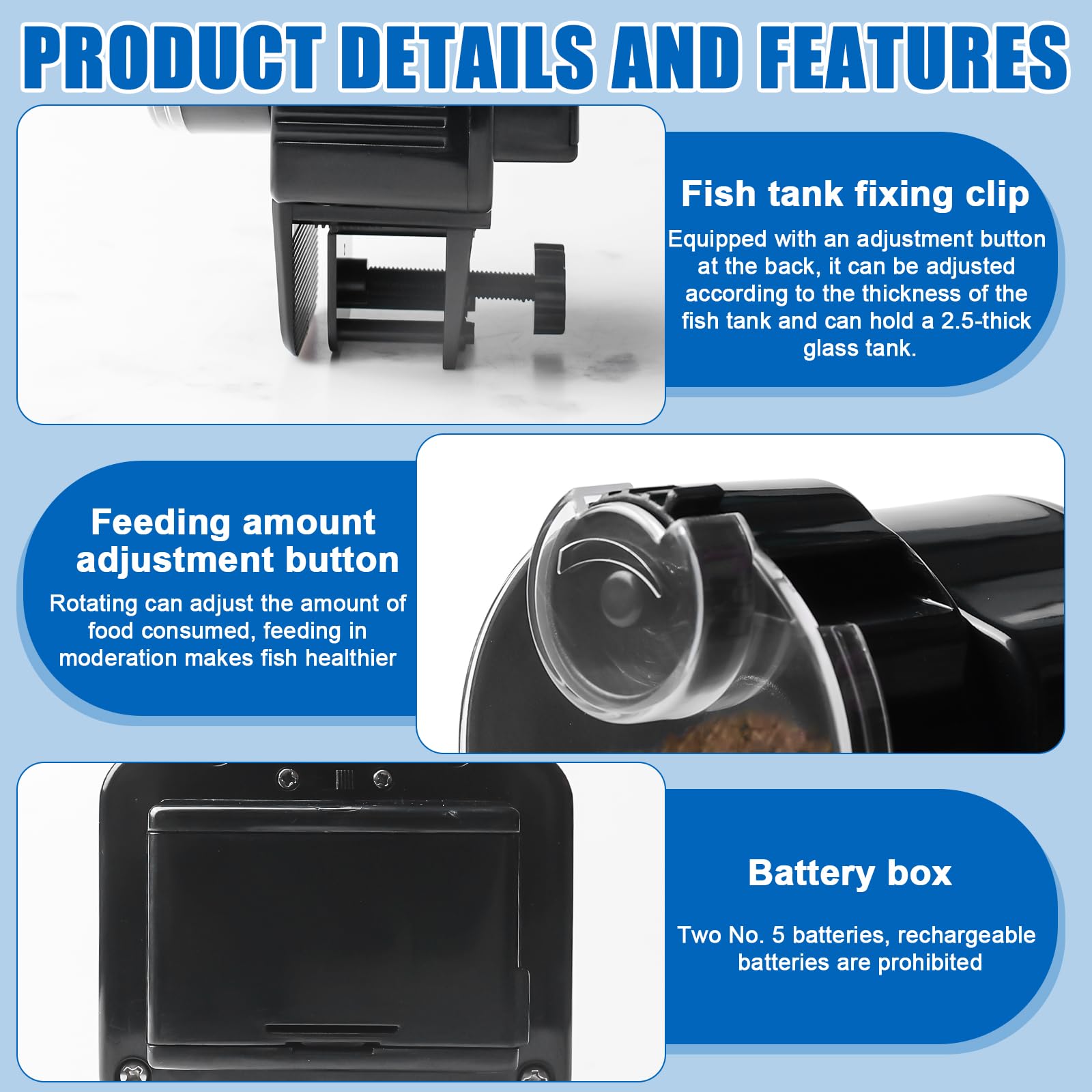 Alimentatore automatico per acquario 65 ml: distributore automatico di cibo per pesci con timer, regolabile per pellet/pellet, distributore automatico di cibo per pesci a
