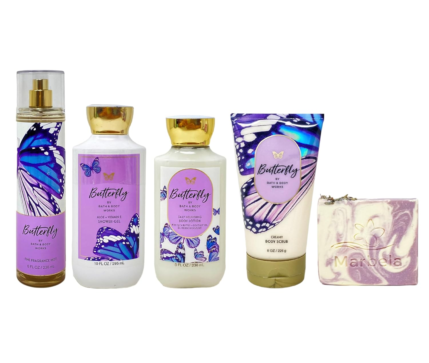 Bath & Body Works Butterfly 4 Piece Set - Fragrance Mist, Body Wash, Body Lotion and Body Scrub - with a Lavender Dreams Bar Soap - Full Size