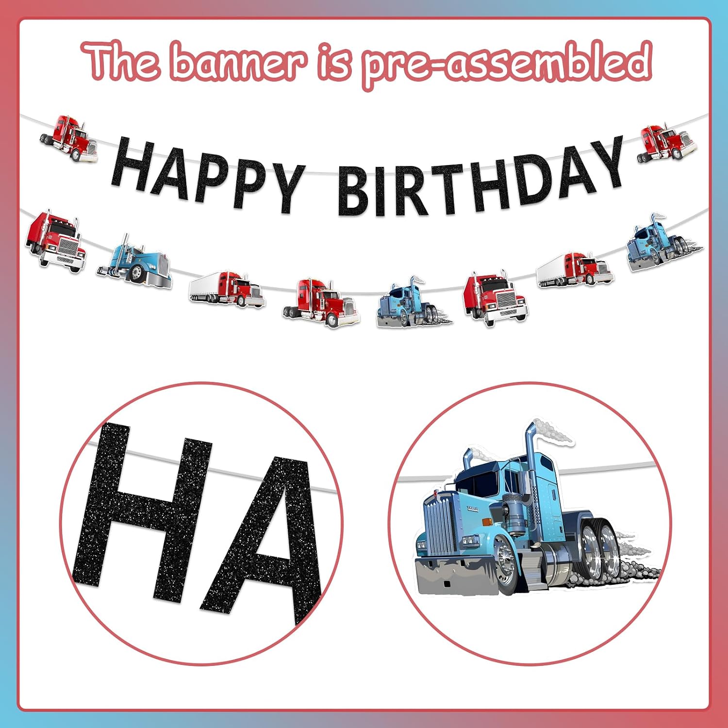 Jollyboom Semi Truck Birthday Party Decorations, Truck Happy Birthday Banner Garland Construction Heavy Transportation Theme Happy Bday Banner for Boys Girls