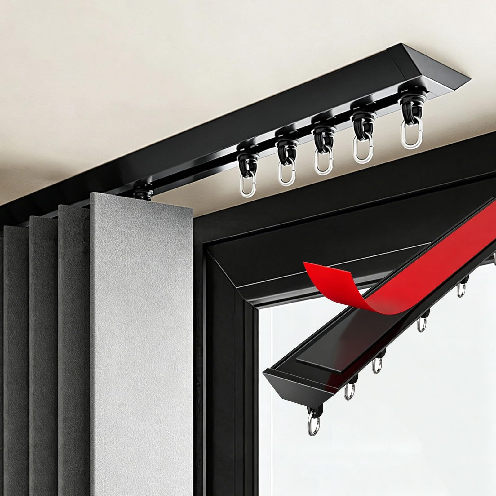 No Drill Self Adhesive Curtain Track Aluminum Ceiling Curtain Rail with Silent Rollers Ceiling or Wall Mount Room Divider for Window, Bathroom, Closet(Black,1m/3.3ft)