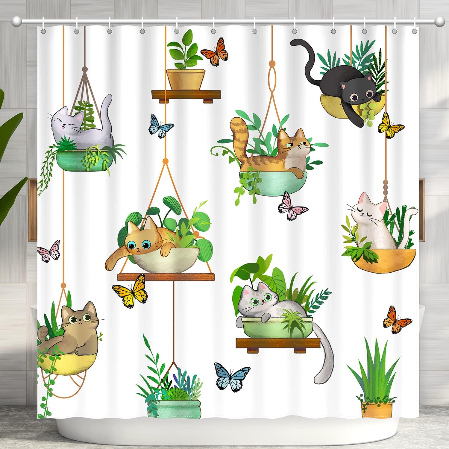 CutebriCase Hanging Potted Plants Cat Shower Curtain, Bracket Plant Kitty Shower Curtain for Bathroom with 12 Hooks, Polyester Fabric Waterproof Shower Curtain Sets Machine Washable Bath Curtain