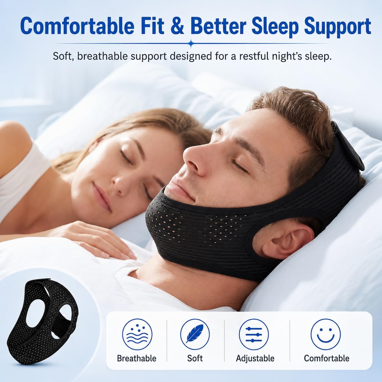 Anti Snoring Chin Strap for Sleeping, Adjustable Breathable Sleep Support with Secure Fit, Soft Comfortable Jaw Support Strap for Men & Women, Stays in Place for Quiet Restful Sleep