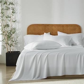 Cooling Bed Sheets Queen Set White 100% Viscose Derived from Bamboo Bedding Sheet Set Silky Breathable for Hot Sleepers, 18" Deep Pocket Fitted Sheet + Top Flat Sheet + 2 Pillowcases