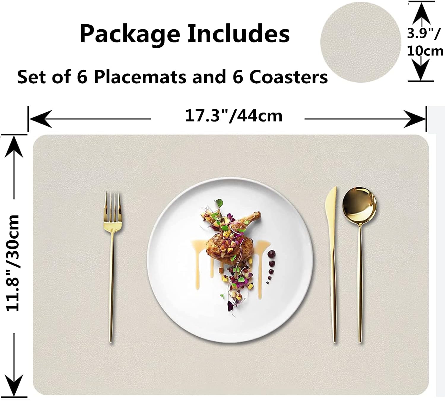 Placemats Set of 6, Faux Leather Place Mats with Coasters, Waterproof, Stain Resistant, Heat Resistant, Easy to Clean PU Table Mats for Dining Table and Decor (Set of 6, Rectangle Cream White)