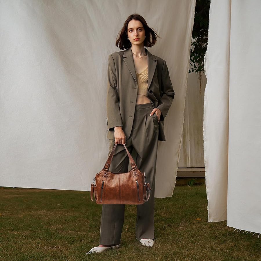 KOBONA Sac A Main Femme PU Cuir - Cours Lycée Fille - Cabas Fourre-Tout Porté Epaule Cuir PU Anse Longue - Sac à Bandoulière Cabas Fourre Tout Pour Université Voyage Travail Décontracté