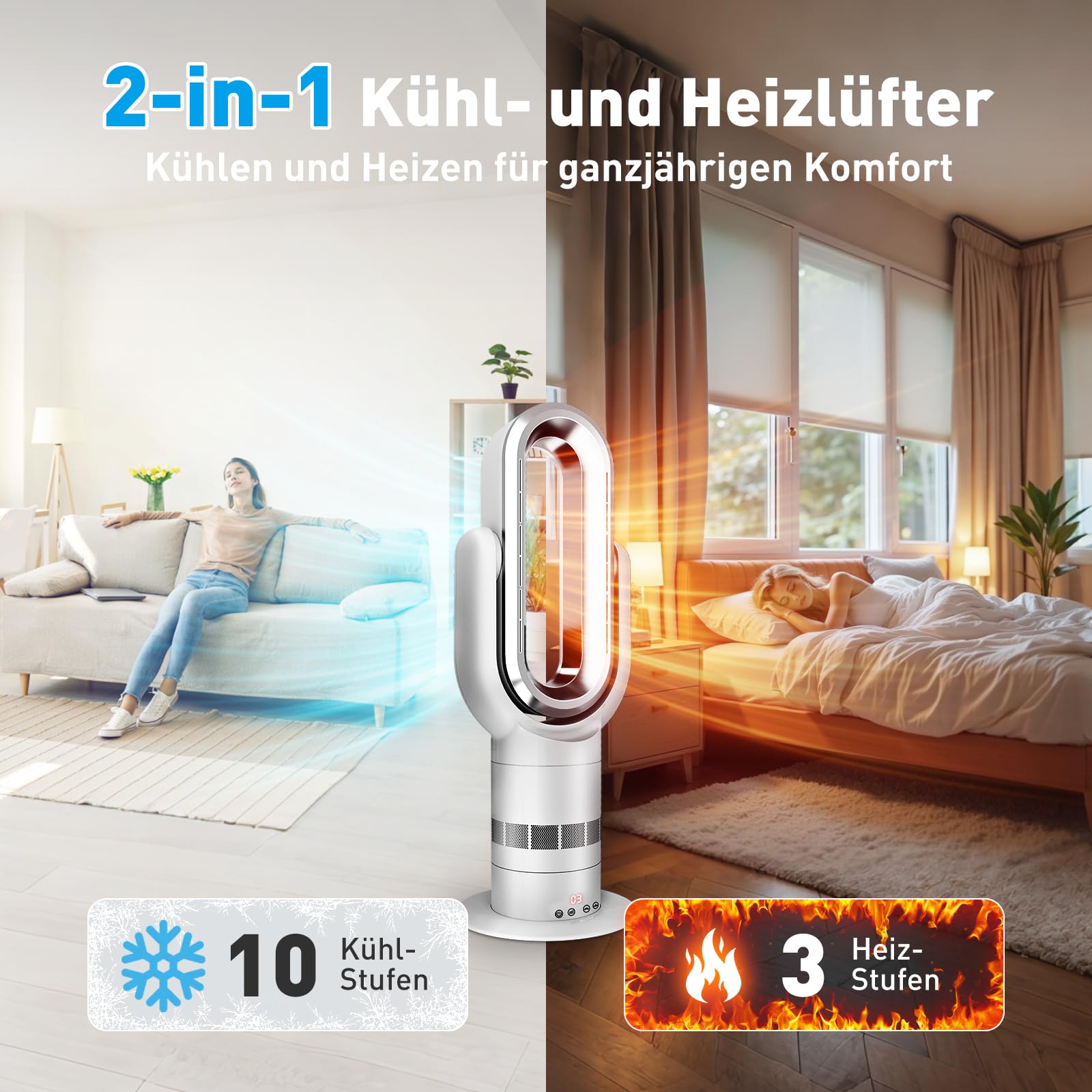 QG660 Bladeless Turmventilator, 2-in-1 Heizgerät & Kühlventilator, 10 Kühl- & 3 Heizstufen, Fernbedienung & Touch-Steuerung, Ultra-Leiser & Energiesparender DC-Motor