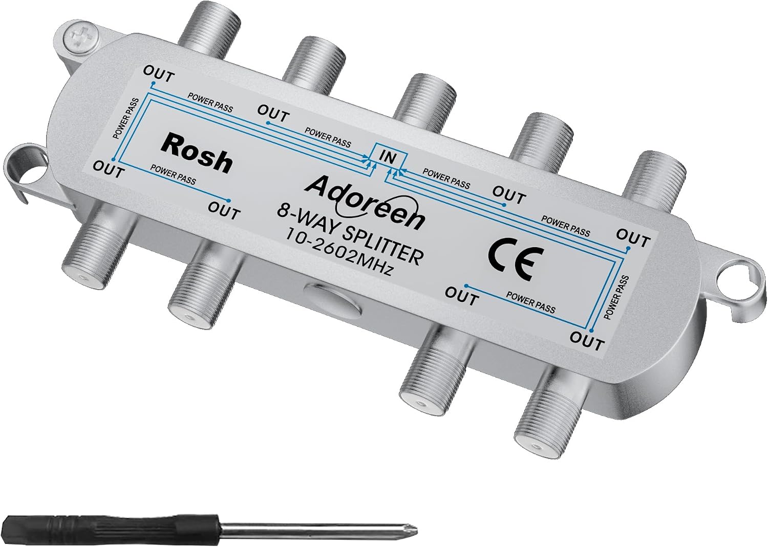 Adoreen 8-Way Coaxial Cable Splitter, 10-2602MHz Mini Bi-Directional Digital Signal RG6/RG59 Coax Indoor&Outdoor for CATV, Satellite, Antenna, MoCA, Internet, Modem + Screwdriver-1 in 8 Out Ports