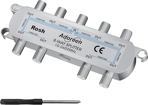 Adoreen 8-Way Coaxial Cable Splitter, 10-2602MHz Mini Bi-Directional Digital Signal RG6/RG59 Coax Indoor&Outdoor for CATV, Satellite, Antenna, MoCA, Internet, Modem + Screwdriver-1 in 8 Out Ports