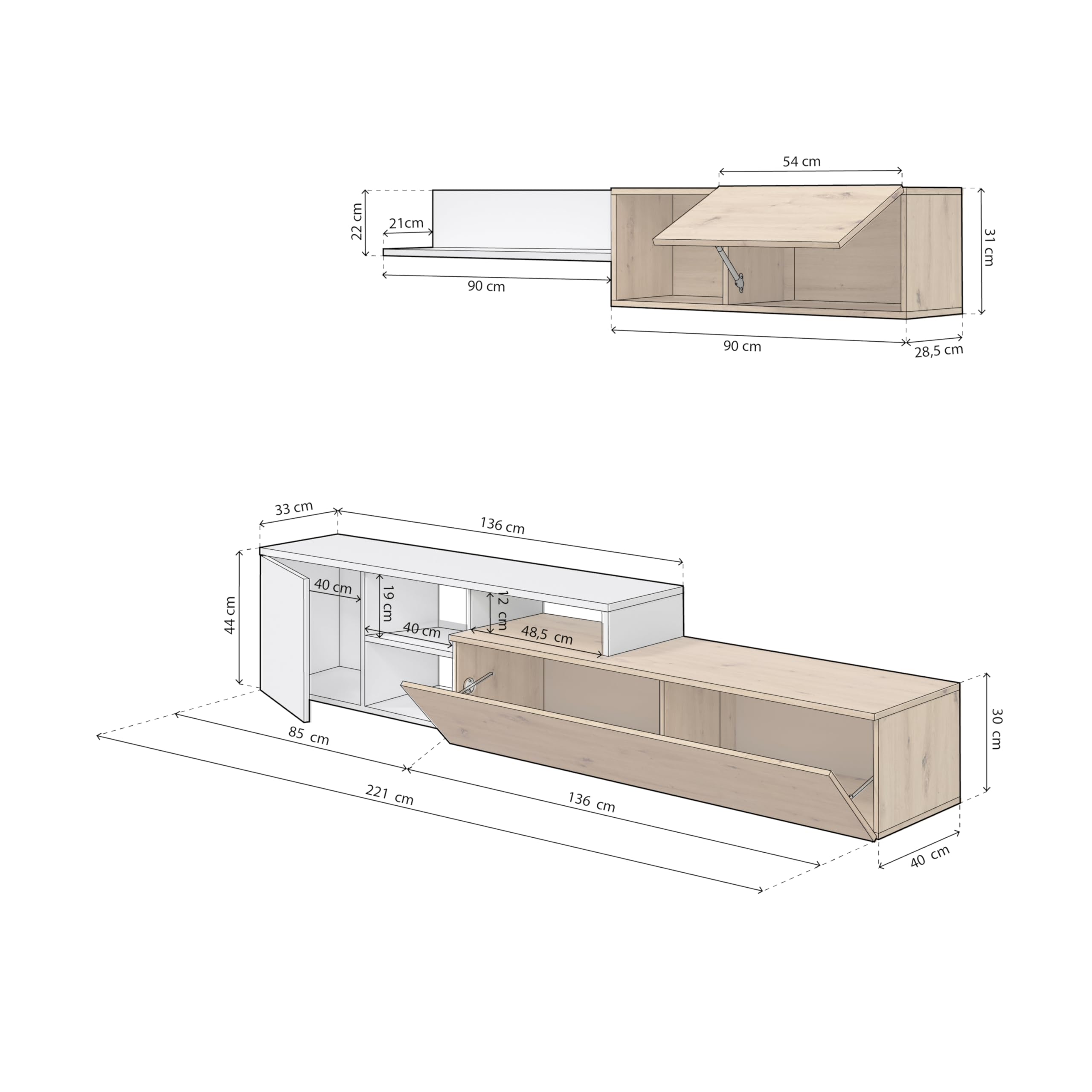 duehome | Conjunto de Salon Reversible, Mueble de Salon, Modulos de Comedor, Modelo Kate, Acabado en Roble Nodi y Blanco Artik, Medidas: 221 cm (Ancho) x 44 cm (Alto) 40 cm (Fondo)