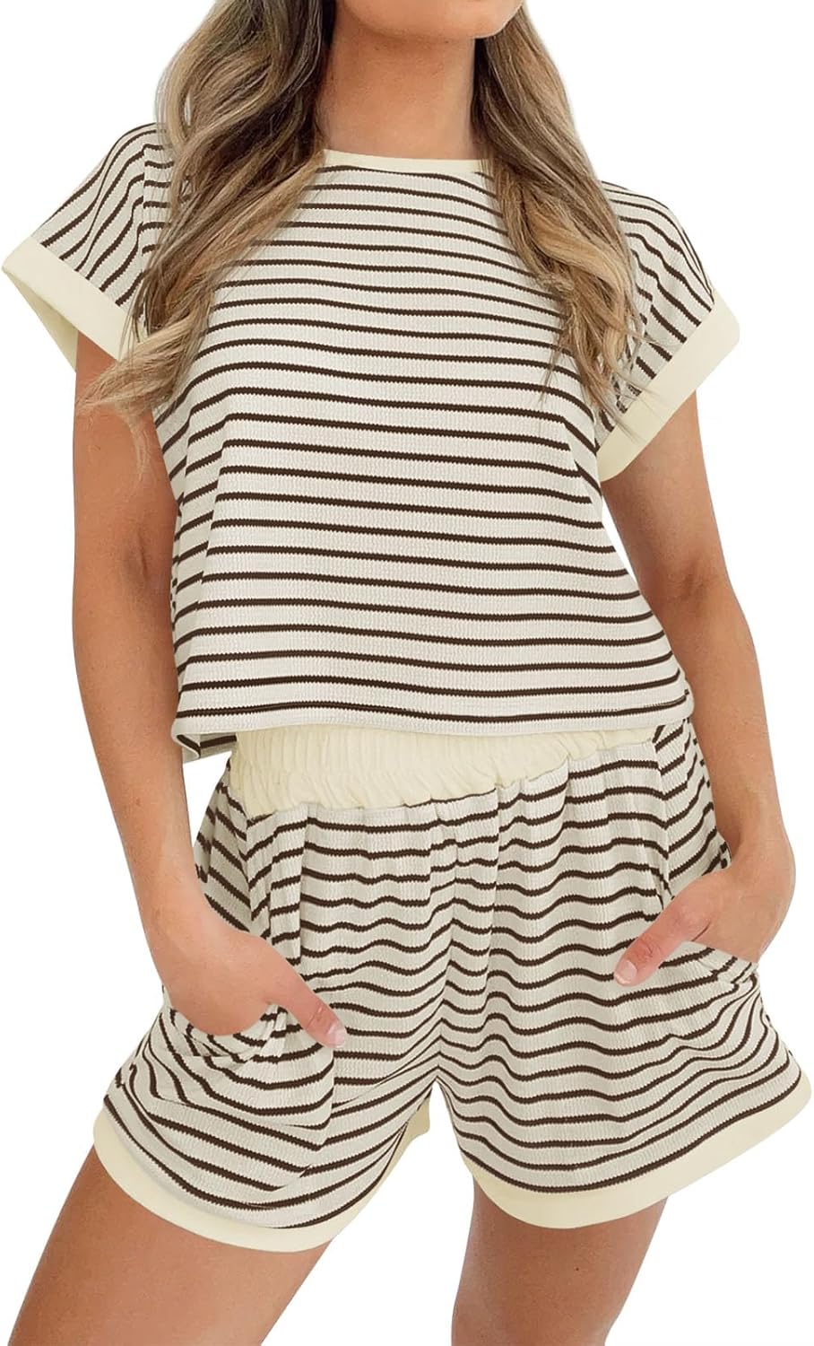 Tankaneo Womens Summer 2 Piece Sets Striped Short Sleeve T-Shirts Shorts Loungewear Matching Set