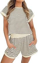 Tankaneo Womens Summer 2 Piece Sets Striped Short Sleeve T Shirts and Shorts Loungewear Matching Set